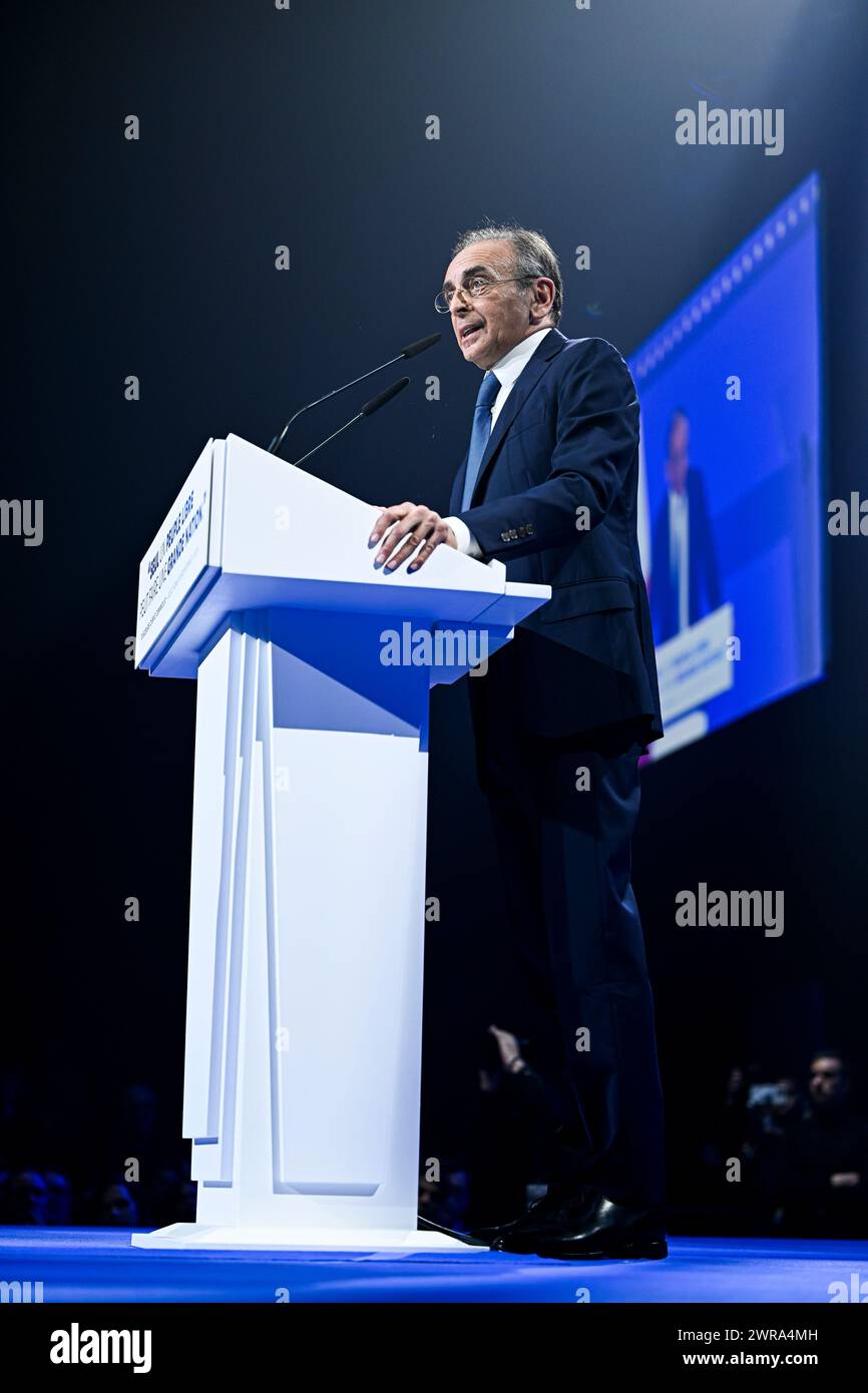 Parigi, Francia. 10 marzo 2024. Eric Zemmour alla riunione di lancio della campagna elettorale europea del partito di estrema destra "Reconquete" a Parigi, in Francia, il 10 marzo 2024. Crediti: Victor Joly/Alamy Live News Foto Stock
