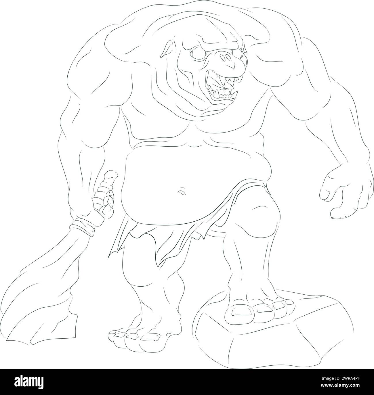 Arte della linea del troll in grotta con un bastoncino spesso in pietra. Illustrazione vettoriale di un troll grotta che tiene un enorme mazzo scolpito nella pietra nella mano destra Illustrazione Vettoriale