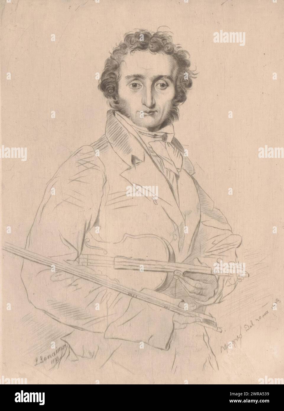 Ritratto di Niccolò Paganini, stampatore: Louis le Nain, su disegno di: Jean Auguste Dominique Ingres, 1873, carta, incisione, altezza 190 mm x larghezza 140 mm, stampa Foto Stock