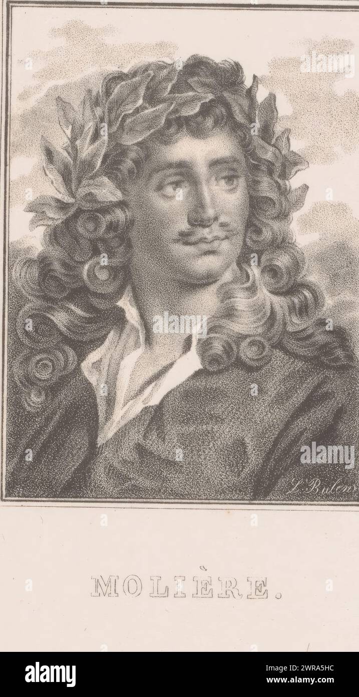 Ritratto di Jean Baptiste Poquelin Molière, Molière (titolo sull'oggetto), tipografo: L. Bulens, 1825 - 1899, carta, altezza 185 mm x larghezza 132 mm, stampa Foto Stock