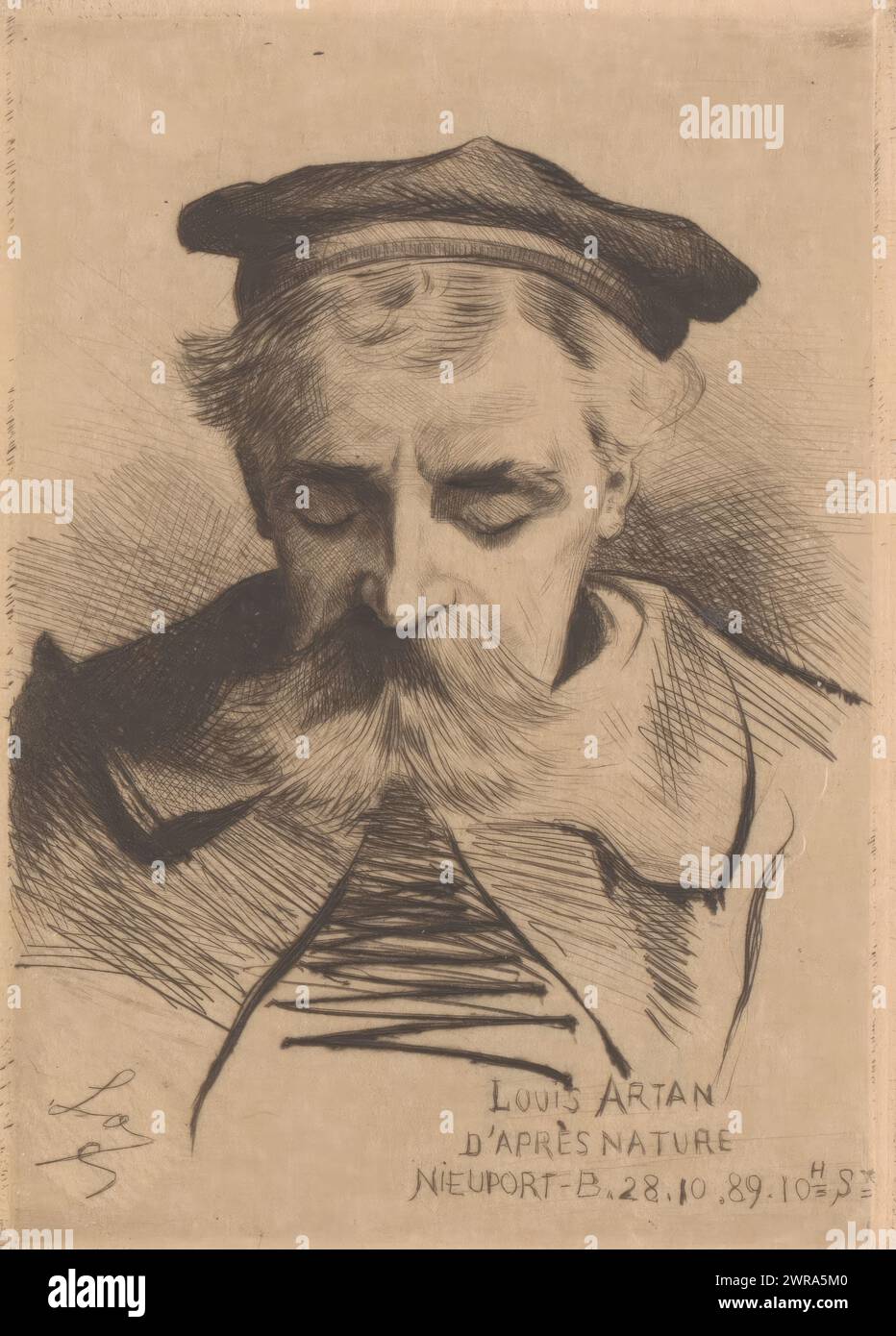 Ritratto di Louis Artan, Louis Artan d'après nature Nieuport - B 28.10.89 (titolo sull'oggetto), tipografo: Léon Lowenberg, (firmato dall'artista), 1889, carta, incisione, punto a secco, altezza 140 mm x larghezza 100 mm, stampa Foto Stock