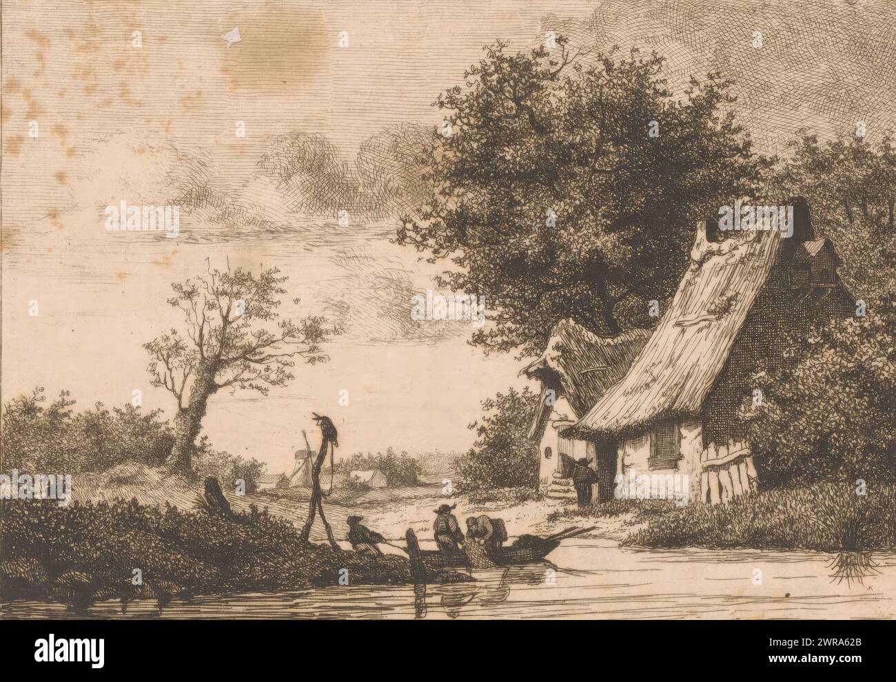 Vista sul fiume con pescatori vicino a Kruibeke, stampatore: Jean Théodore Joseph Linnig, 1842, carta, incisione, altezza 118 mm x larghezza 152 mm, stampa Foto Stock