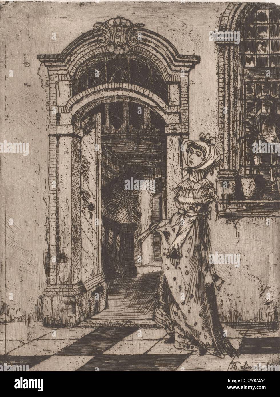 Signora a porta, stampatore: Ben Linnig, 1884, carta, incisione, punto di essiccazione, altezza 204 mm x larghezza 157 mm, stampa Foto Stock