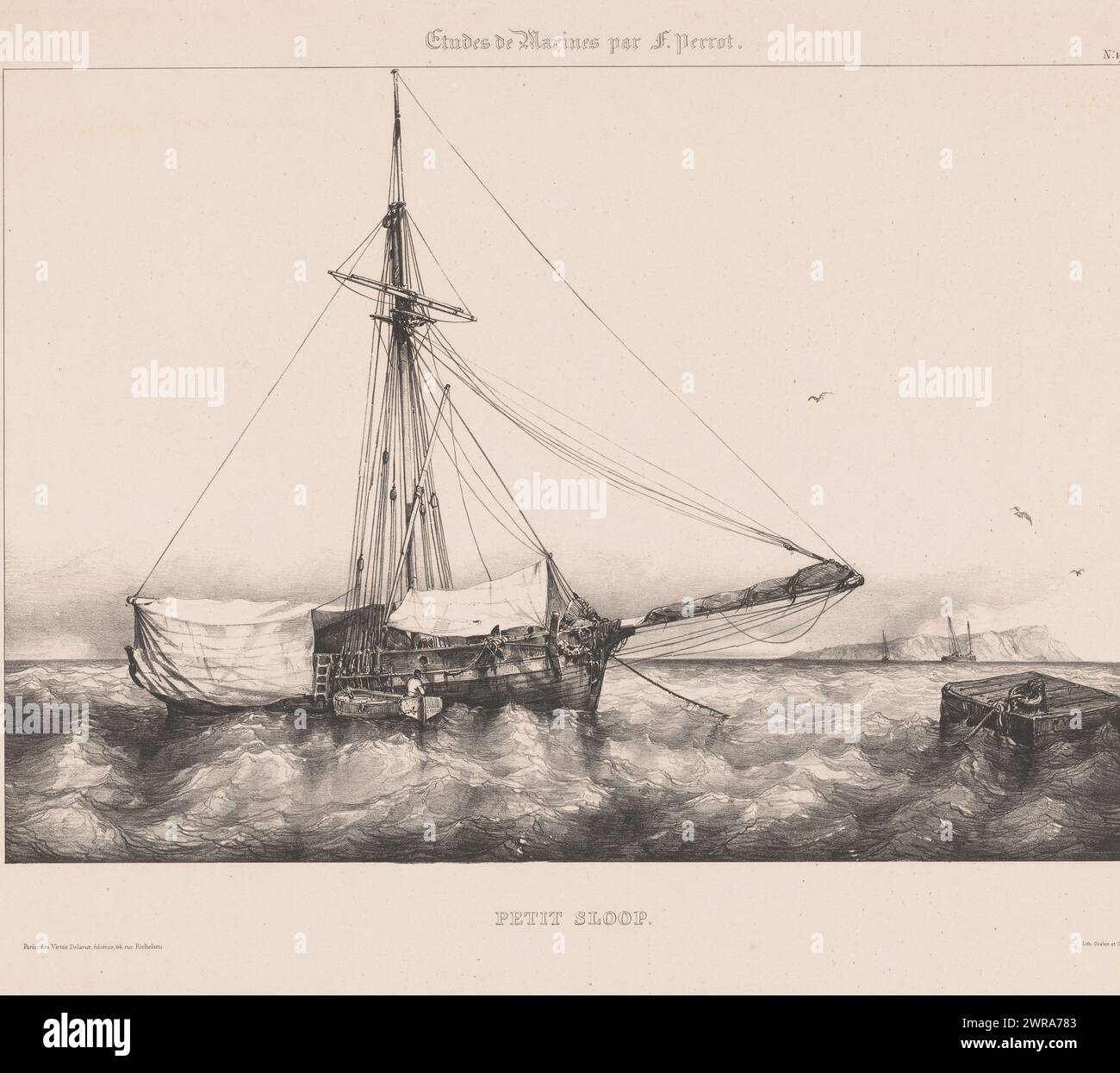 One-master, Petit Demolition (titolo sull'oggetto), Studies of Ships (titolo della serie), Etudes de Marines par F. Perrot (titolo della serie), print maker: Ferdinand Victor Perrot, su progetto di: Ferdinand Victor Perrot, tipografo: Coulon & Cie, Parigi, 1835 - 1851, carta, altezza 441 mm x larghezza 600 mm, stampa Foto Stock