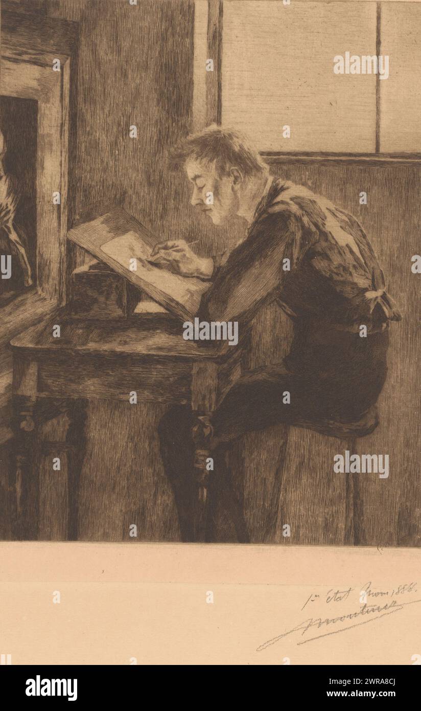 Autoritratto, Autoritratto di Georges Montenez al lavoro., stampatore: Georges Montenez, (firmato dall'artista), 1888, carta, incisione, altezza 308 mm x larghezza 239 mm, stampa Foto Stock