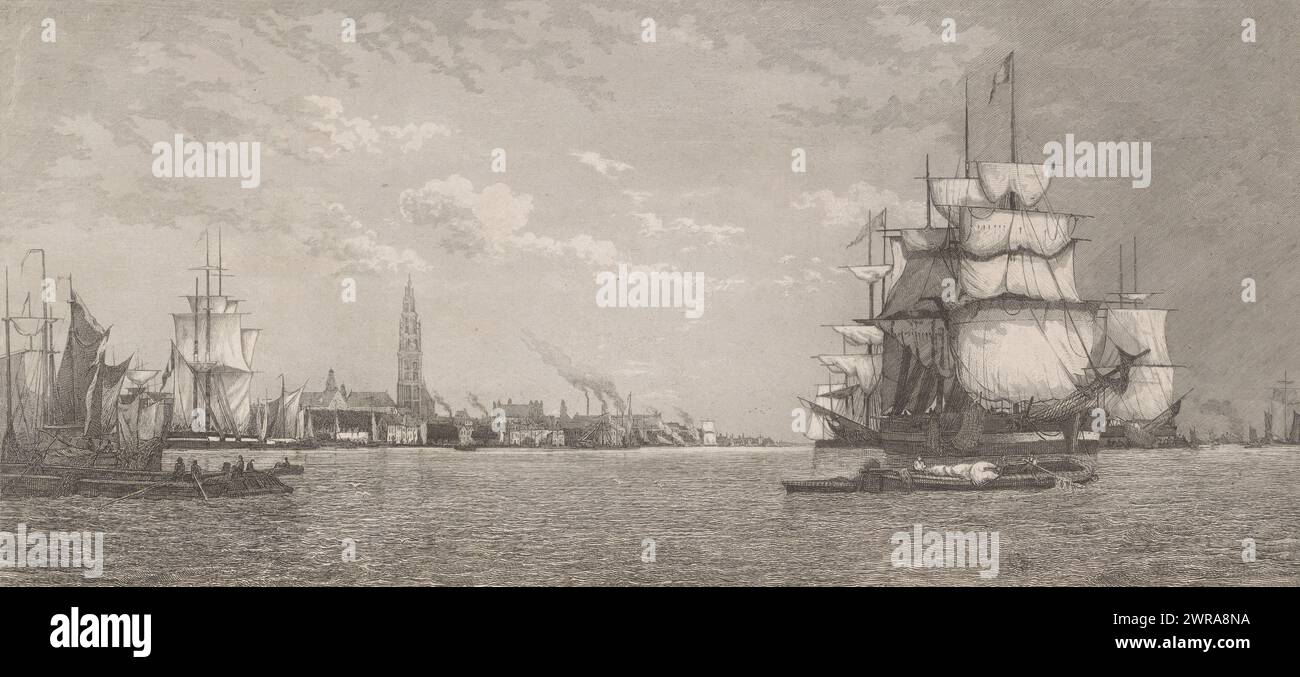Veduta di Anversa dalla Schelda, tipografo: Auguste Numans, su disegno di: Paul Jean Clays, Belgio, 1833 - 1883, carta, incisione, altezza 300 mm x larghezza 537 mm, stampa Foto Stock Veduta di Anversa dalla Schelda, tipografo: Auguste Numans, su disegno di: Paul Jean Clays, Belgio, 1833 - 1883, carta, incisione, altezza 300 mm x larghezza 537 mm, stampa Foto Stock