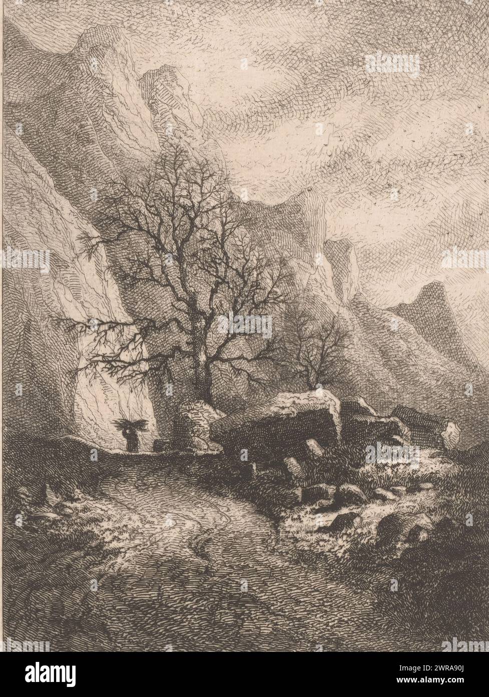 Paesaggio montano con figure che trasportano legno, stampatore: Emile Puttaert, (attribuito a), 1874, carta, incisione, punto a secco, altezza 215 mm x larghezza 170 mm, stampa Foto Stock