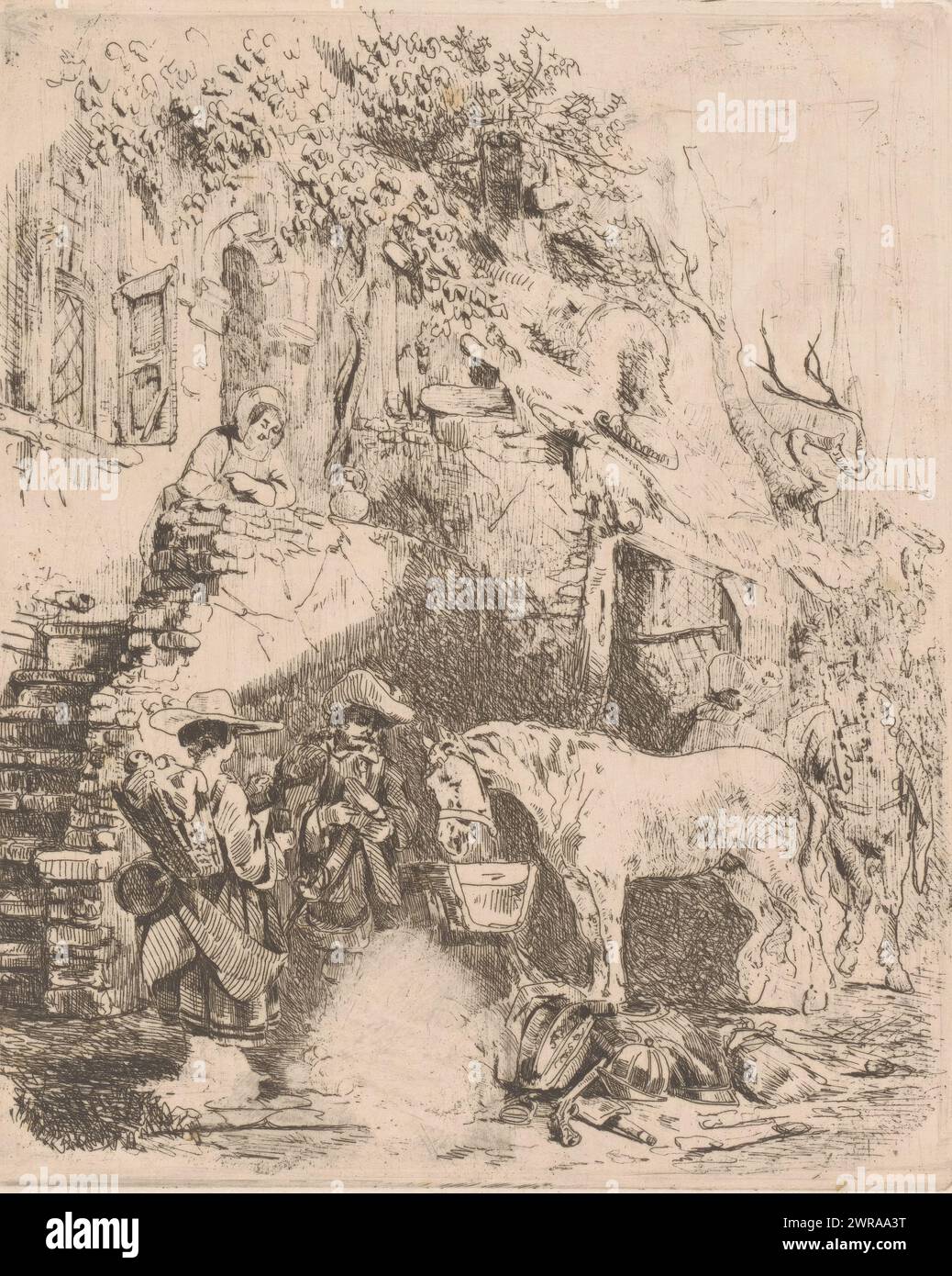 Cavaliere che riposa di fronte ad una locanda, tipografo: Adrien Joseph Verhoeven-Ball, 1834 - 1882, carta, incisione, punto di secchezza, altezza 186 mm x larghezza 152 mm, stampa Foto Stock