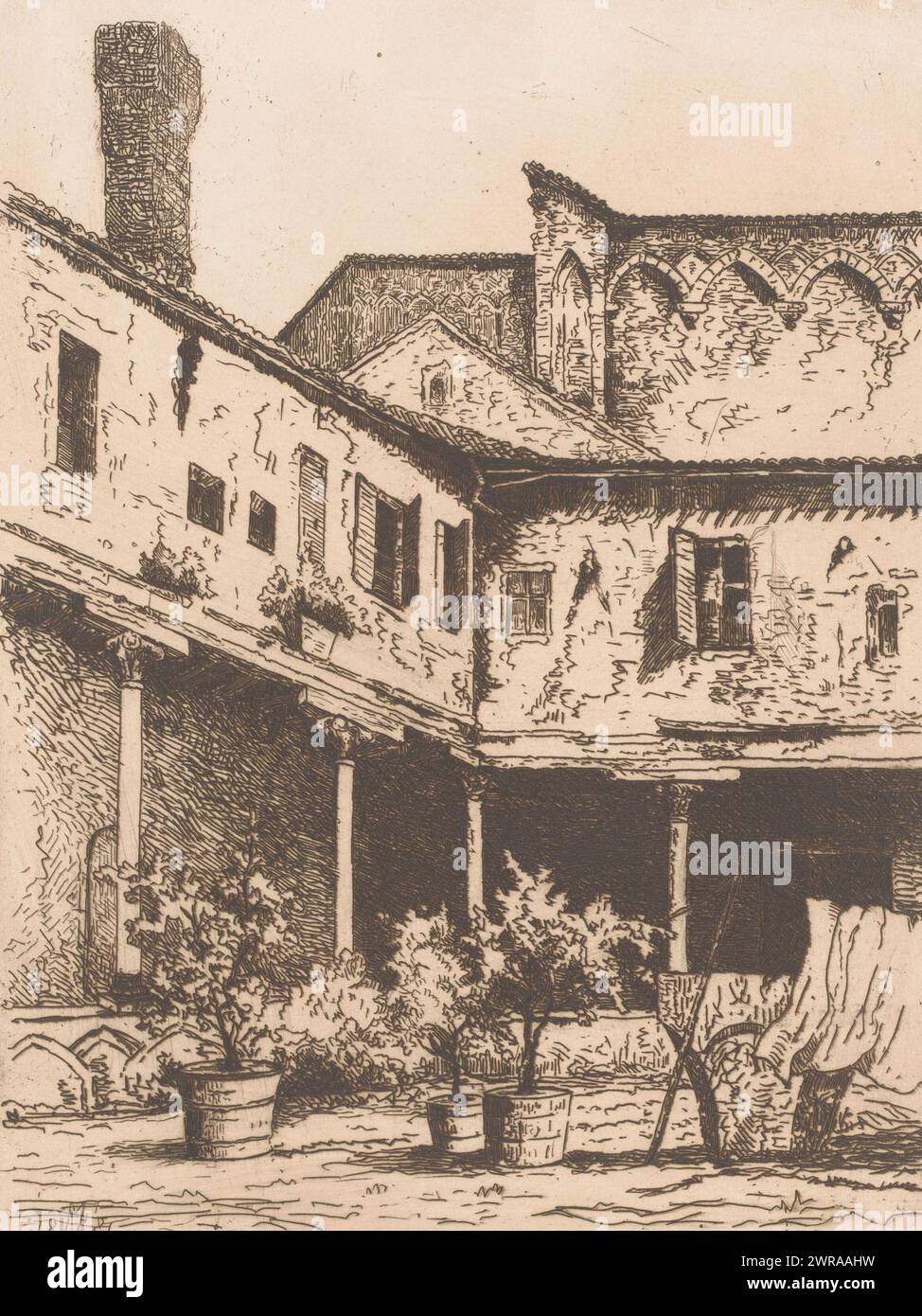 Cortile con piante in pentole, tipografo: Maria van Hohenzollern-Sigmaringen (gravin van Vlaanderen), 1881, carta, incisione, punto di essiccazione, retroussaggio, altezza 268 mm x larghezza 199 mm, stampa Foto Stock