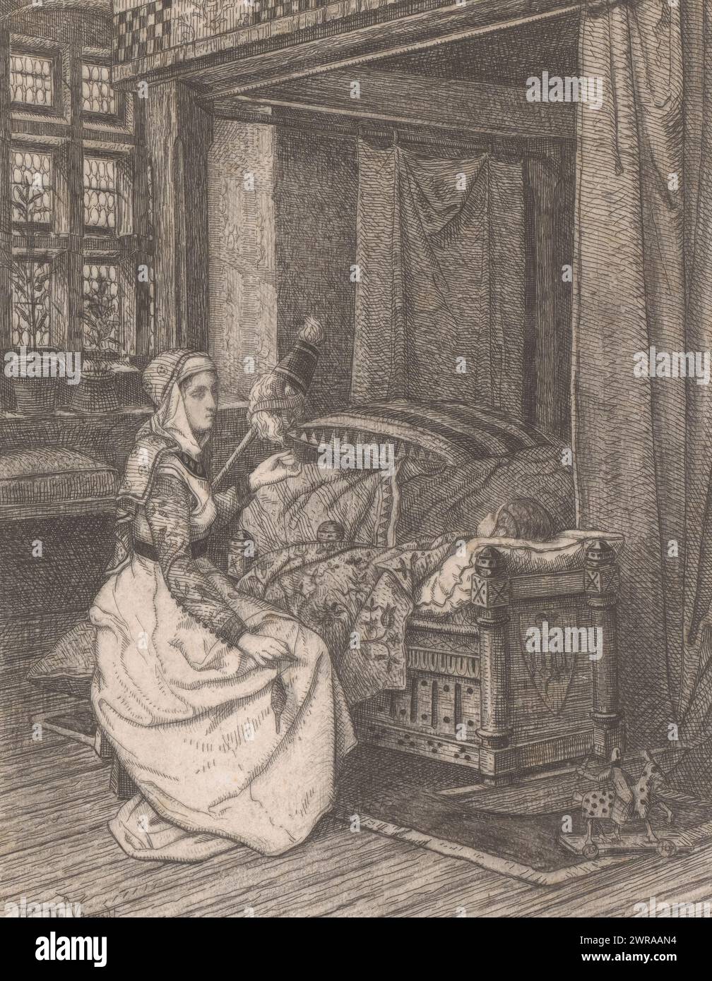 Donna gira lana a culla, stampatore: Albrecht de Vriendt, 1853 - 1900, carta, incisione, altezza 270 mm x larghezza 177 mm, stampa Foto Stock