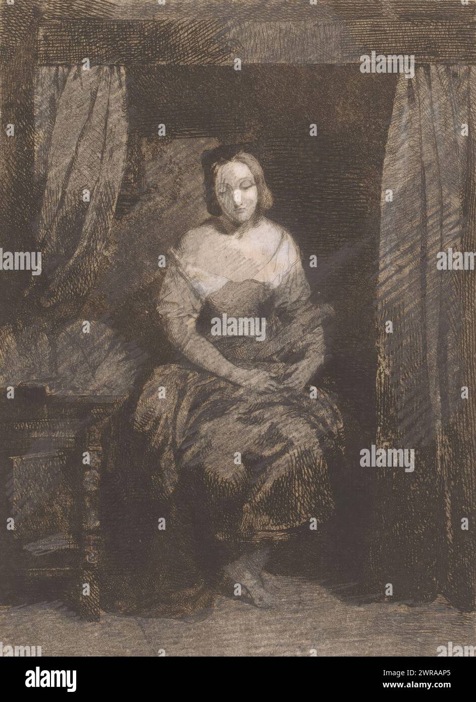 Giovane donna seduta su un letto, tipografo: Gustave Wappers, (attribuito a), 1813 - 1874, carta, incisione, altezza 224 mm x larghezza 177 mm, stampa Foto Stock