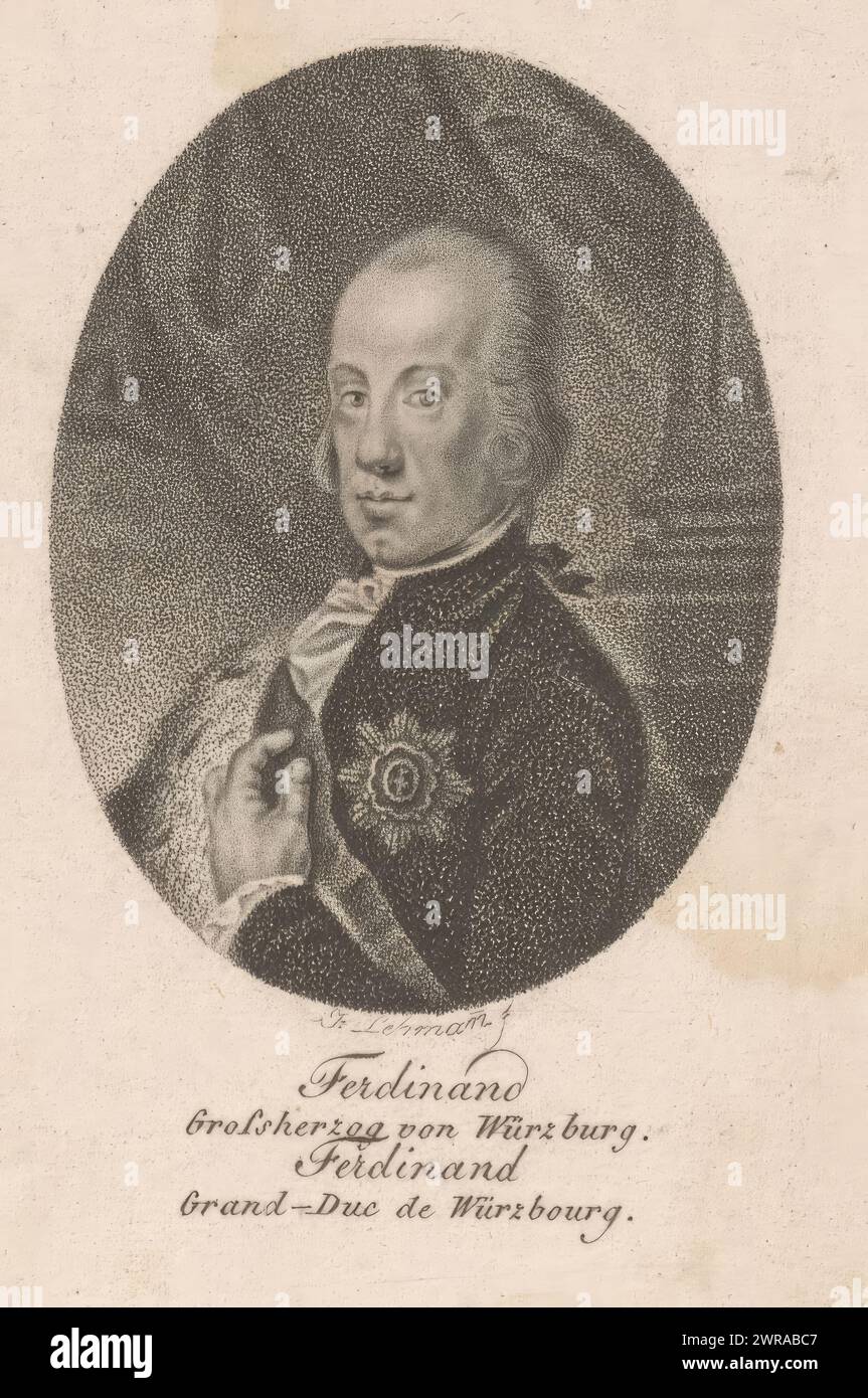 Ritratto di Ferdinando III Giuseppe Giovanni Battista, Granduca di Toscana, stampatore: Friedrich Leonhard Lehmann, 1797 - 1886, carta, altezza 102 mm x larghezza 66 mm, stampa Foto Stock