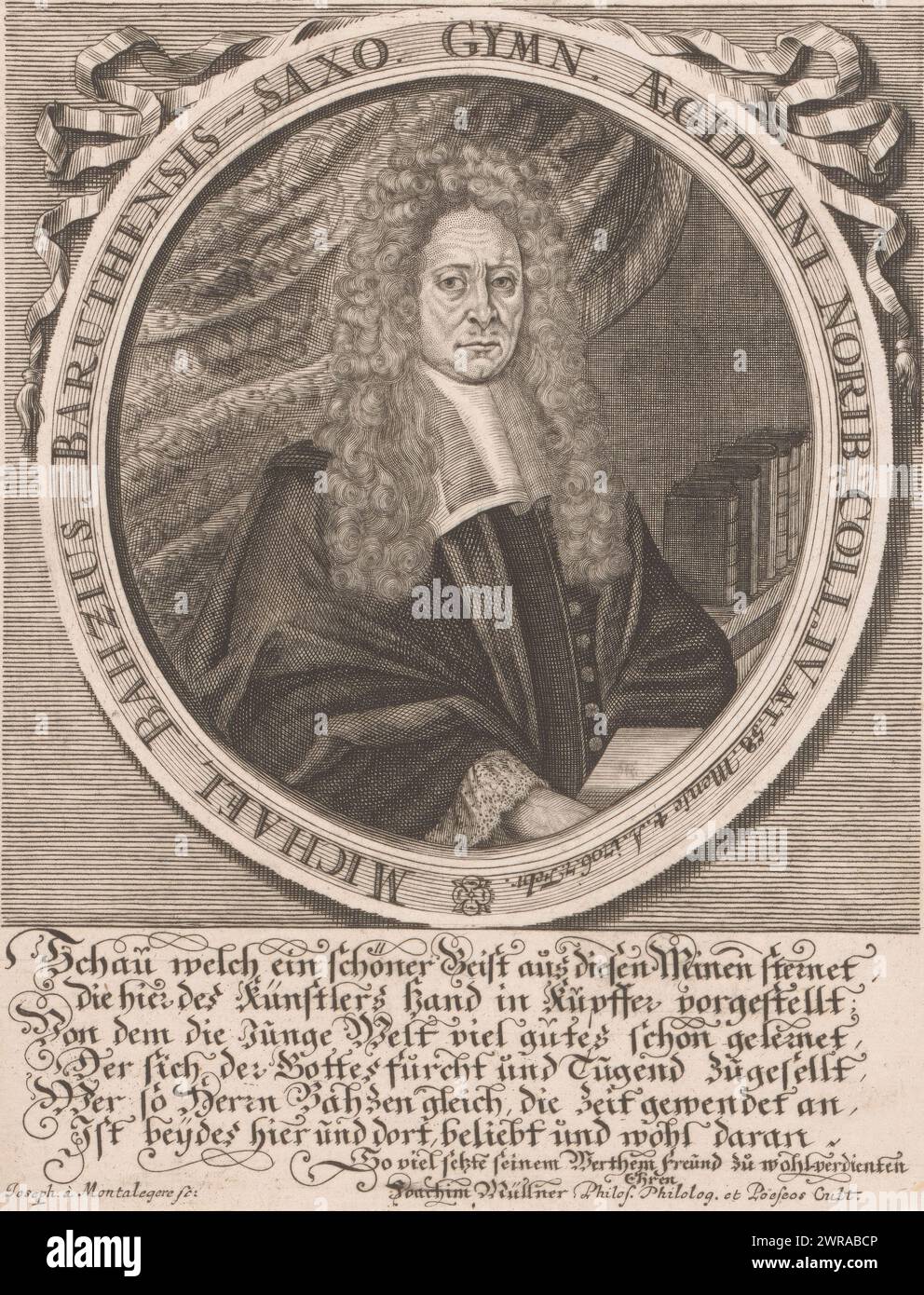Ritratto di Michael Bahz, tipografo: Joseph de Montalegre, Joachim Müllner, 1700 - 1799, carta, incisione, altezza 187 mm x larghezza 147 mm, stampa Foto Stock