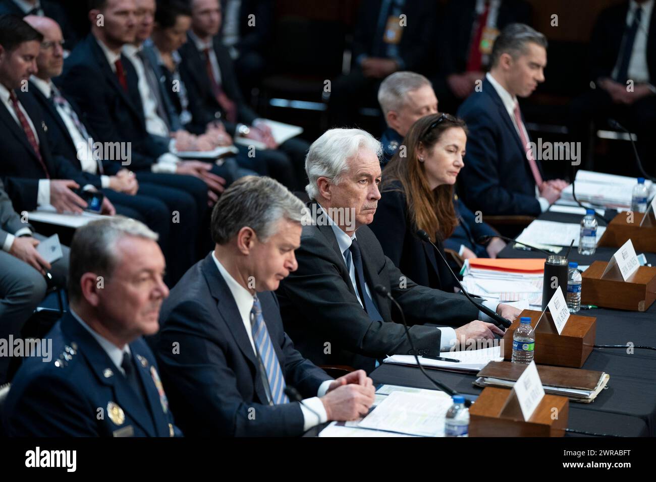 Washington, Stati Uniti. 11 marzo 2024. Il direttore della Central Intelligence Agency William Burns, durante un'audizione del Senate Intelligence Committee, cerca di "esaminare le minacce mondiali" con altri leader delle agenzie di intelligence presso il Campidoglio degli Stati Uniti a Washington, DC, lunedì 11 marzo 2024. Foto di Bonnie Cash/UPI credito: UPI/Alamy Live News Foto Stock