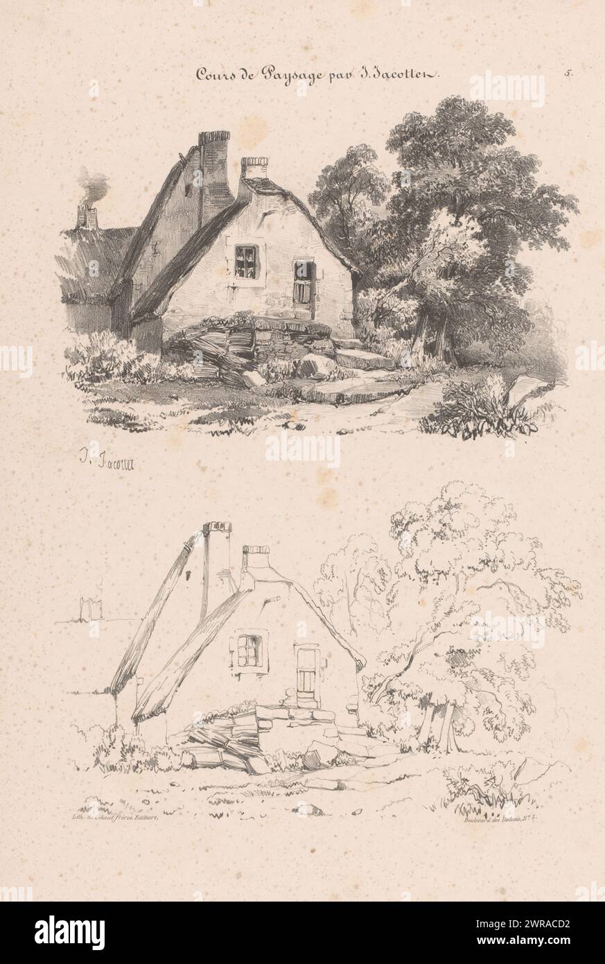 Cottage con alberi in due gradini di disegno, corso di disegno del paesaggio di J. Jacottet (titolo della serie), Cours de Paysage par J. Jacottet (titolo della serie su oggetto), stampatore: Louis-Julien Jacottet, editore: Gihaut frères, Parigi, 1836, carta, altezza 419 mm x larghezza 294 mm, stampa Foto Stock