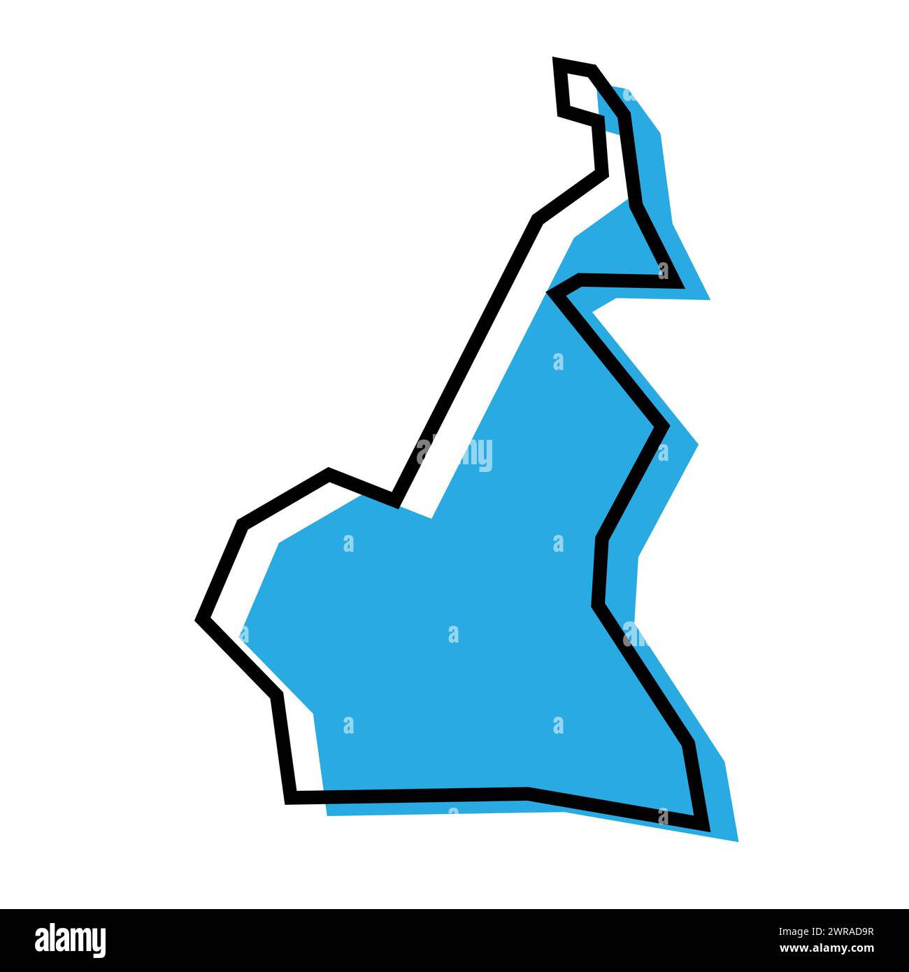 Mappa semplificata del paese del Camerun. Silhouette blu con contorno nero spesso isolato su sfondo bianco. Semplice icona vettoriale Illustrazione Vettoriale