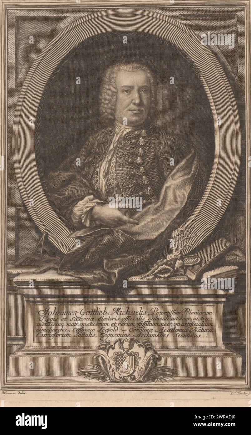 Ritratto di Johann Gottlieb Michaelis, stampatore: Johann Christoph Teucher, dopo disegno di: Anna Maria Werner, 1745 - in o dopo il 1763, carta, incisione, altezza 320 mm x larghezza 211 mm, stampa Foto Stock