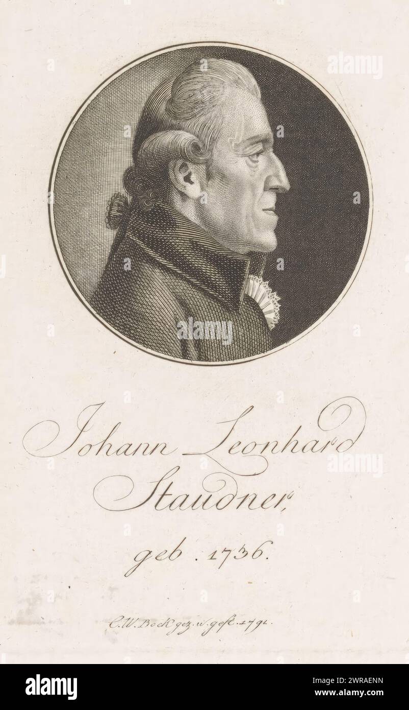 Ritratto di Johann Leonhard Staudner, stampatore: Christoph Wilhelm Bock, su disegno di: Christoph Wilhelm Bock, Neurenberg, 1791, carta, incisione, incisione, altezza 146 mm x larghezza 91 mm, stampa Foto Stock