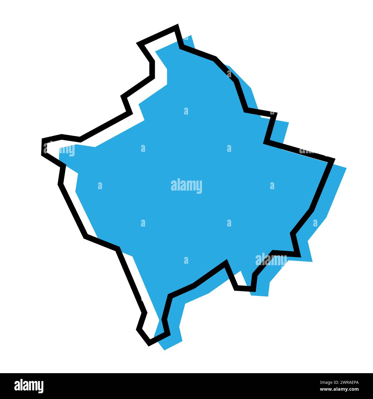 Mappa semplificata del paese del Kosovo. Silhouette blu con contorno nero spesso isolato su sfondo bianco. Semplice icona vettoriale Illustrazione Vettoriale