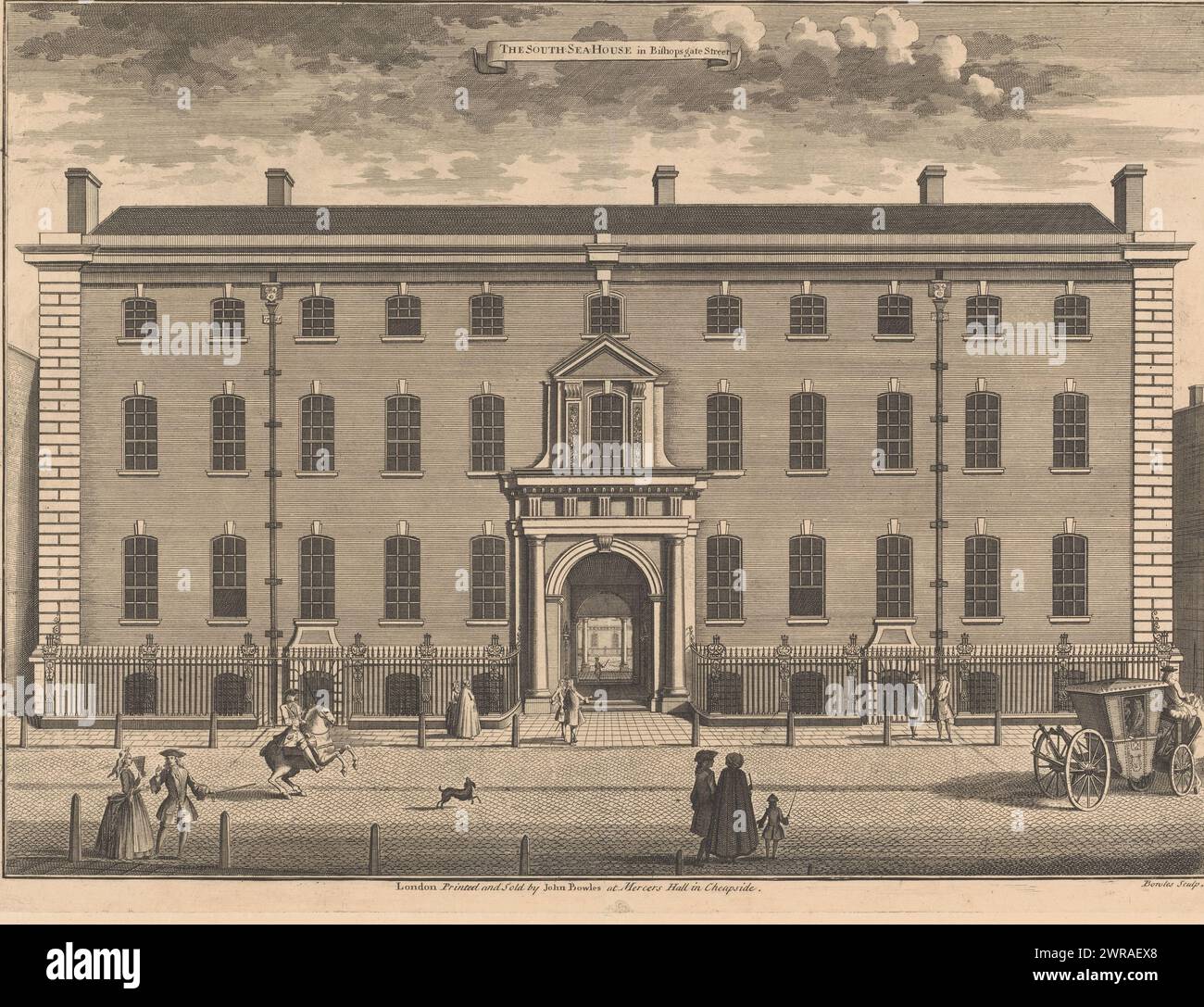 Sede della South Sea Company a Londra, The South:Sea:House in Bishops Gate Street (titolo sull'oggetto), stampatore: Thomas Bowles (II), editore: John Bowles, Londra, 1725 - 1768 e/o 1754, carta, incisione, altezza 345 mm x larghezza 463 mm, stampa Foto Stock