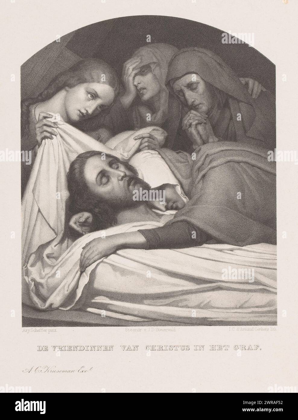 Donne alla tomba di Cristo, amici di Cristo nella tomba (titolo sull'oggetto), il corpo di Cristo è avvolto in abiti a dorso. Maria ha posato la testa sul petto. Dietro di lei ci sono altre tre donne che piangono., stampatore: Johannes Christiaan d'Arnaud Gerkens, su disegno di: Ary Scheffer, stampatore: Jan Dam Steuerwald, stampatore: L'Aia, editore: Haarlem, 1842 - 1863, carta, altezza 360 mm x larghezza 270 mm, stampa Foto Stock