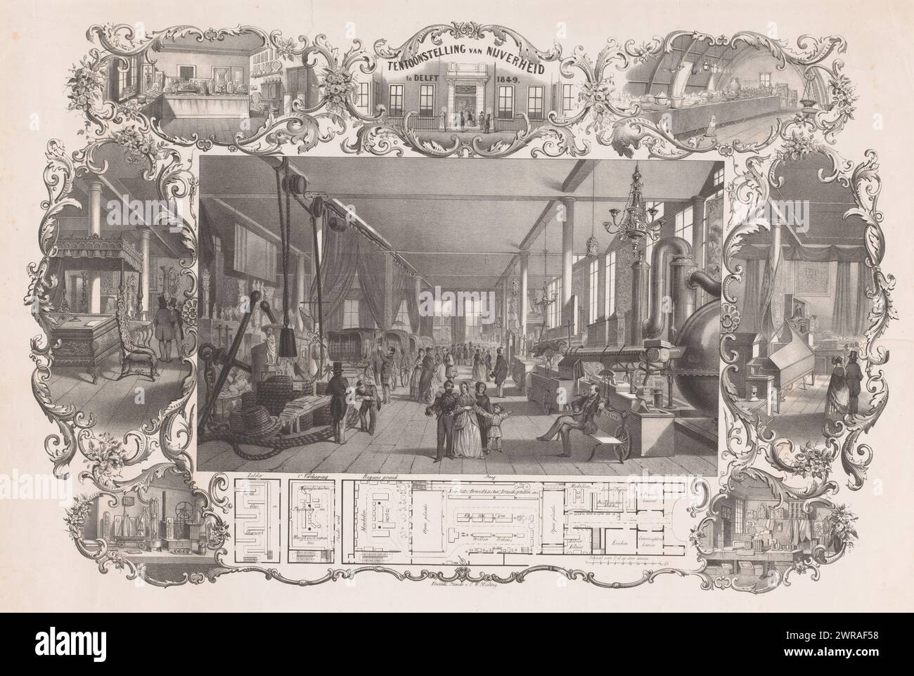 Esposizione dell'industria a Delft 1849 (titolo sull'oggetto), veduta nella grande sala della Mostra dell'industria, nell'edificio principale della "Royal Academy for the training of Civil Engineers for the National Service and Industry and of trainees for den Handel" a Delft, luglio 1849. Nella stanza le provviste della nave, i motori antincendio, le carrozze e un motore (a vapore). La scena centrale è circondata da sette volti nelle altre sale della mostra e da una mappa della mostra., stampatore: Anonimo, stampatore: Koninklijke Nederlandse Steendrukkerij van C.W. Mieling, l'Aia, 1849, carta Foto Stock