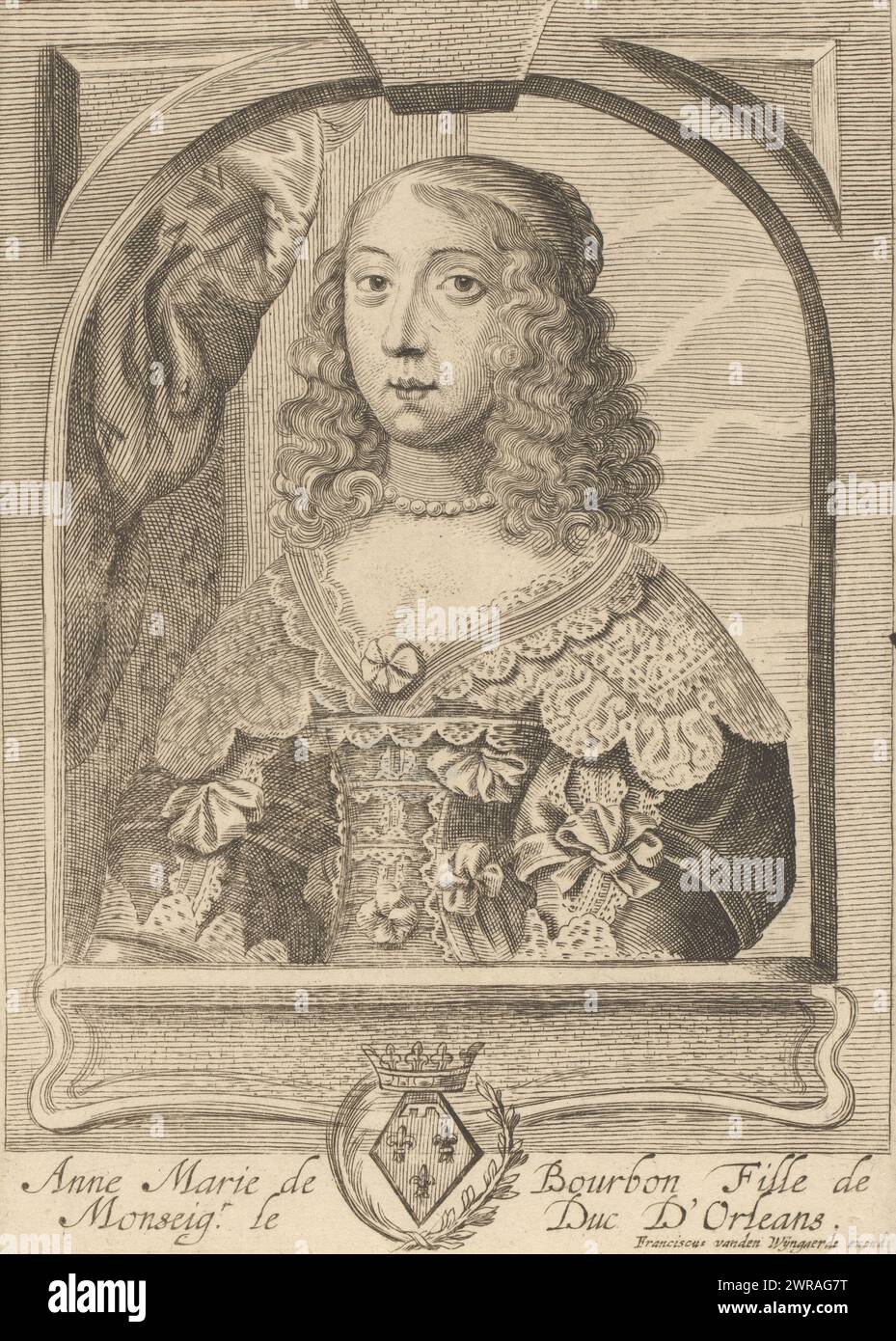 Ritratto di Anna Maria Luisa d'Orléans, Anna Maria di Borbone, Fille de Monseigr. le Duc D'Orleans (titolo sull'oggetto), stampatore: Anonimo, editore: Frans van den Wijngaerde, Anversa, 1645 - 1679, carta, incisione, altezza 167 mm x larghezza 120 mm, stampa Foto Stock