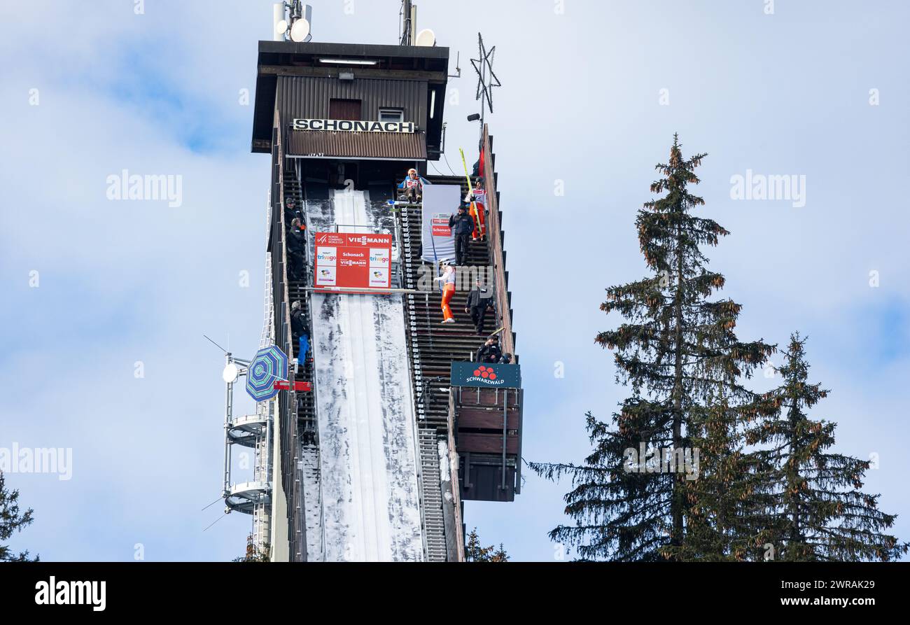 Die Langenwaldschanze bei Schonach, einer der Austragungsorte des Viessmann FIS Weltcup Nordische Kombination. (Schonach, Deutschland, 11.02.2023) Foto Stock