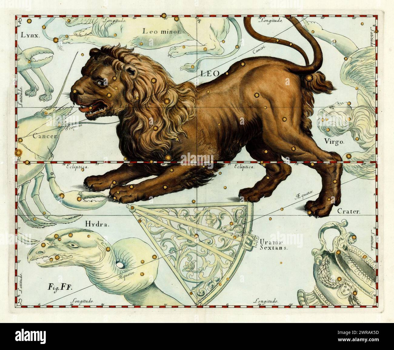 Star Chart of Leo- di Johannes Hevelius, dal suo Firmamentum Sobiescianum sive Uranographia. 1687 Foto Stock