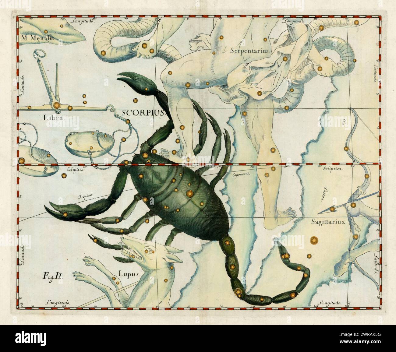 Star Chart of Scorpius- di Johannes Hevelius, dal suo Firmamentum Sobiescianum sive Uranographia. 1687 Foto Stock