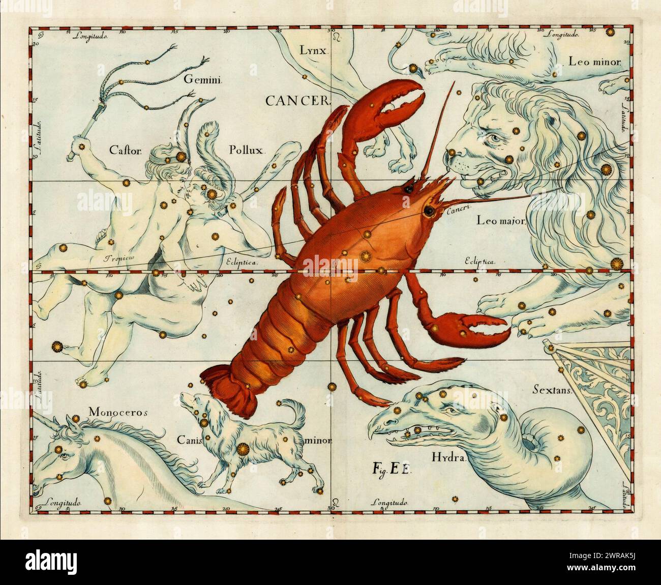 Star Chart of Cancer- di Johannes Hevelius, dal suo Firmamentum Sobiescianum sive Uranographia. 1687 Foto Stock