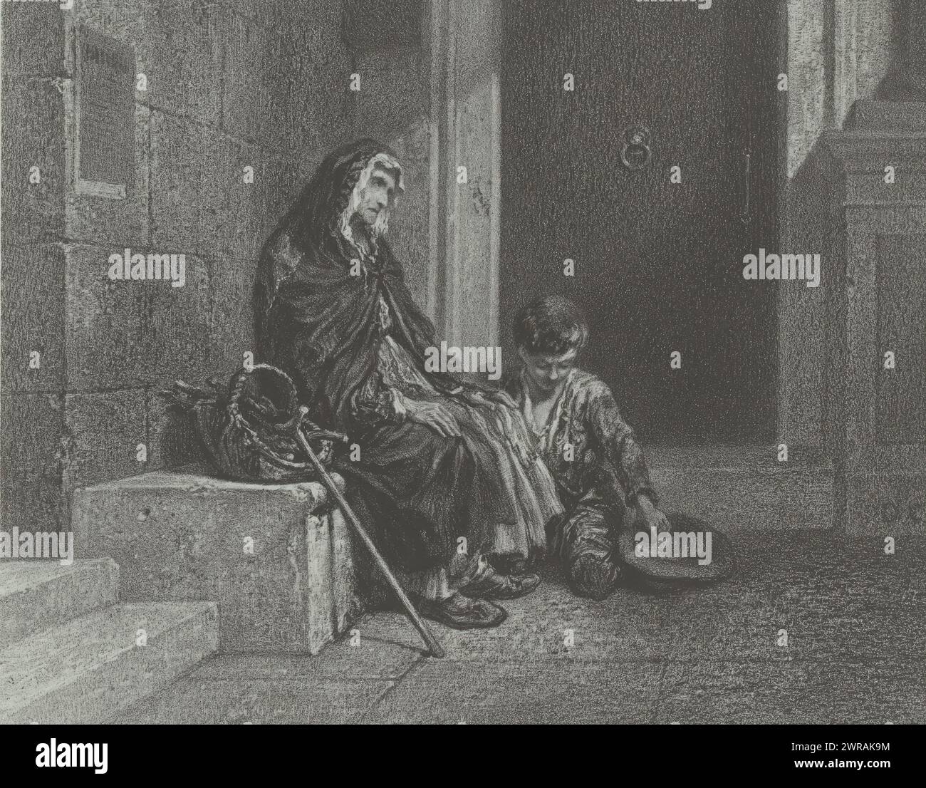Donna e ragazzo che implorano alle scale, Pauvreté, artisti contemporanei (titolo della serie), Les Artistes contemporains (titolo della serie), stampatore: Adolphe Mouilleron, dopo pittura di: Alexandre-Gabriel Decamps, stampatore: Victor Jacques Bertauts, Parigi, 1846 - 1853, carta, altezza 315 mm x larghezza 444 mm, stampa Foto Stock
