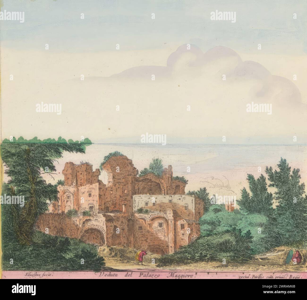 Resti di Palazzo maggiore sul Palatino a Roma, veduta del Palazzo maggiore (titolo sull'oggetto), monumenti antichi e moderni a Roma (titolo in serie sull'oggetto), veduta delle rovine di Palazzo maggiore sul Palatino a Roma. In primo piano due personaggi a piedi e due a riposo. Titolo nel margine inferiore. La stampa fa parte di un album., print maker: Israël Silvestre, publisher: Unknown, Anna Beeck, print maker: Paris, publisher: Paris, l'Aia, Francia, 1631 - 1691 e/o 1693 - 1717, carta, incisione, altezza 145 mm x larghezza 157 mm Foto Stock