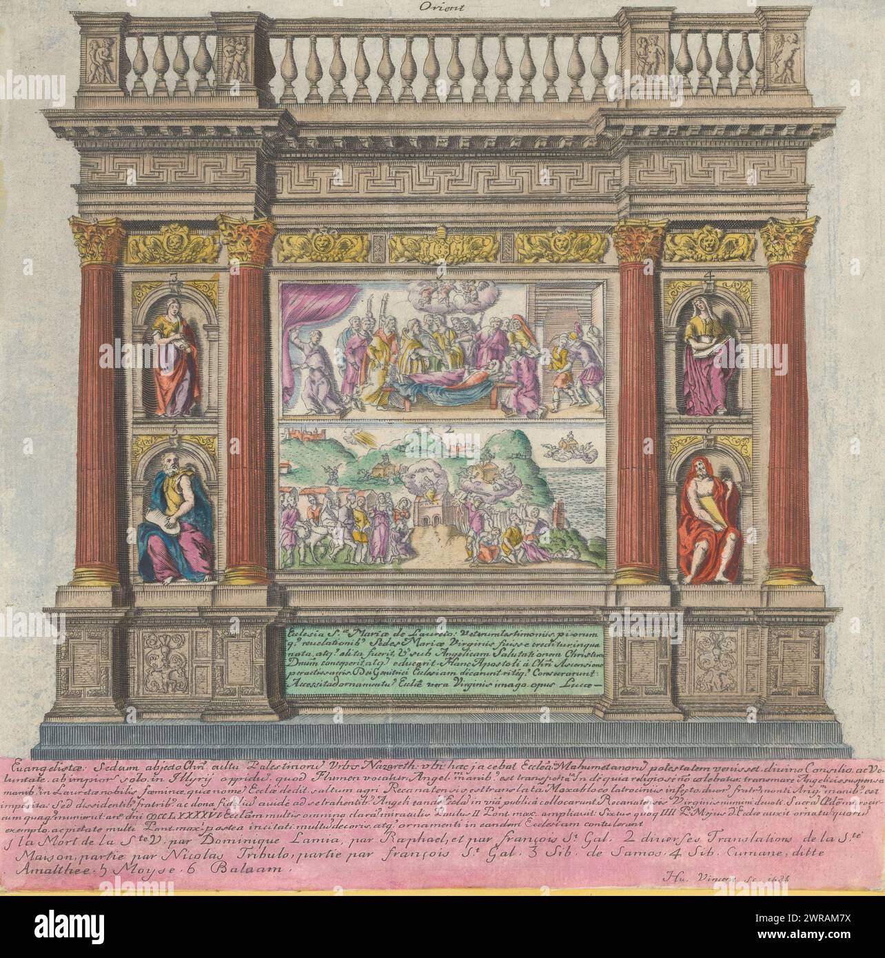 Muro Est della Santa Casa in Loreto, Oriente (titolo sull'oggetto), Santa Casa della Vergine Maria in Loreto (titolo della collana), muro Est della Santa Casa in Loreto. Il muro è intervallato da quattro pilastri corinzi fiancheggiati da statue di profeti e sibille in nicchie. Al centro due rappresentazioni della morte di Maria e un'apparizione mariana. Testo in italiano sul margine inferiore. La stampa fa parte di un album., print maker: Hubert Vincent, dopo il design di: Donato Bramante, dopo la scultura di: Andrea Sansovino, print maker: Roma, dopo il design di : Loreto, dopo la scultura di: Loreto, l'Aia Foto Stock