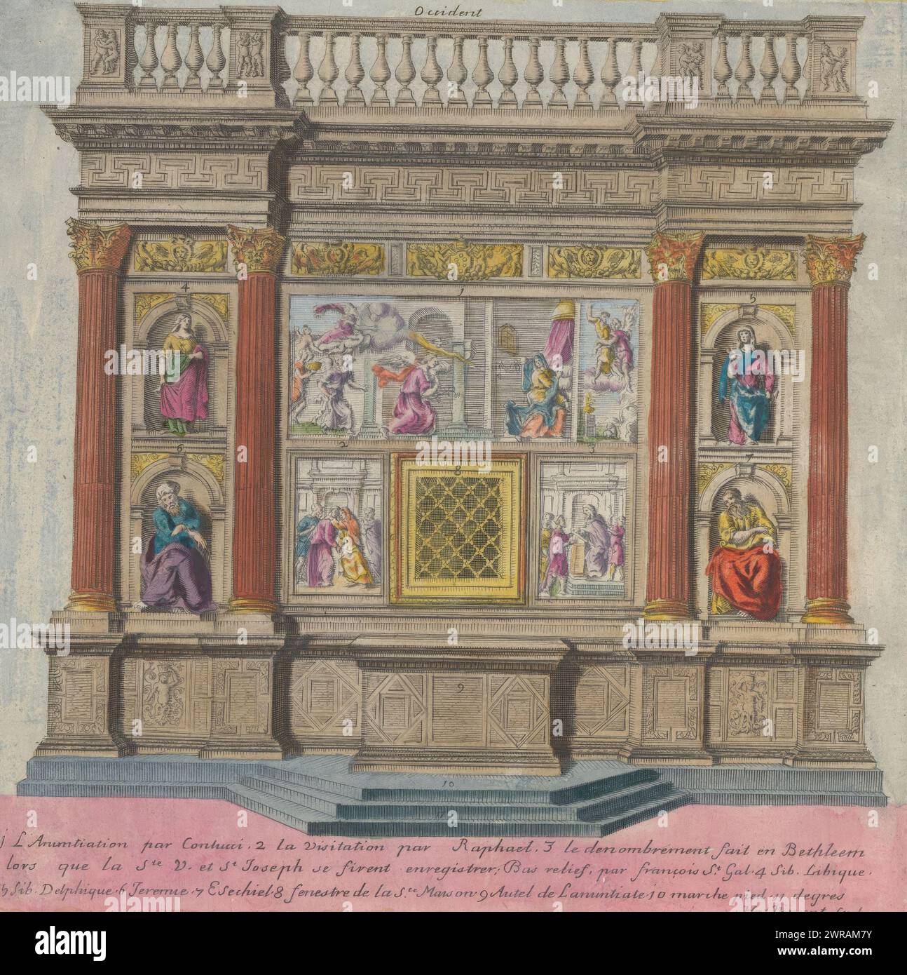 Parete Ovest della Santa Casa in Loreto, Occidente (titolo sull'oggetto), Santa Casa della Vergine Maria in Loreto (titolo della collana), parete Ovest della Santa Casa in Loreto. Il muro è intervallato da quattro pilastri corinzi fiancheggiati da statue di profeti e sibille in nicchie. Una rappresentazione centrale della visita. Testo in italiano sul margine inferiore. La stampa fa parte di un album., print maker: Hubert Vincent, su disegno di: Donato Bramante, dopo scultura di: Andrea Sansovino, print maker: Roma, su disegno di: Loreto, dopo scultura di: Loreto, l'Aia, Roma, 1686 e/o 1693 - 1717 Foto Stock