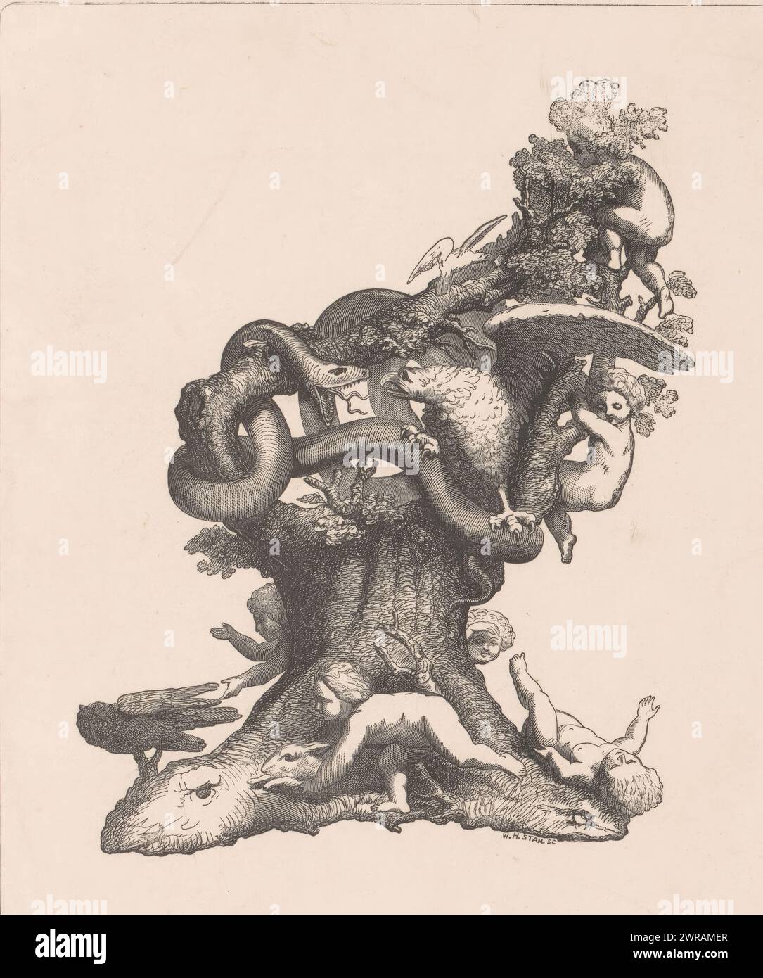 Albero con bambini e animali, i bambini si arrampicano e giocano su un albero e ci sono vari animali come serpente, aquila, gufo e coniglio., stampatore: Willem Hendrik Stam, l'Aia, 1841 - 1874, carta, altezza 331 mm x larghezza 249 mm, stampa Foto Stock