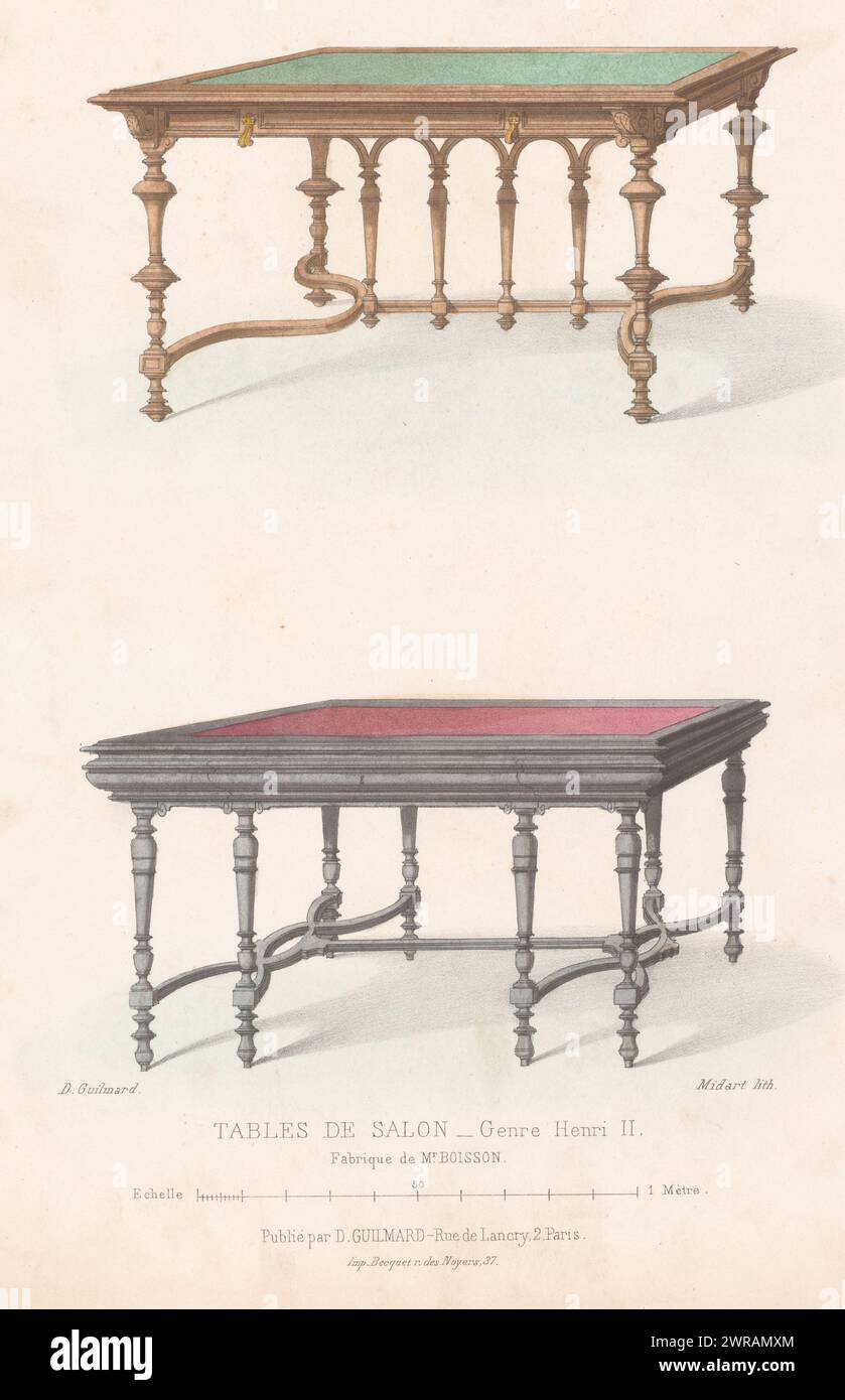 Due tavolini da caffè, Tables de Salon Genre Henri II (titolo sull'oggetto), le garde-meuble / Collection de Meubles (titolo della serie sull'oggetto), due tavolini da caffè in stile Enrico II. Print from 254th Livraison., tipografo: Midart, tipografo: Becquet, editore: Désiré Guilmard, Parigi, 1839 - 1885, carta, altezza 361 mm x larghezza 273 mm, stampa Foto Stock