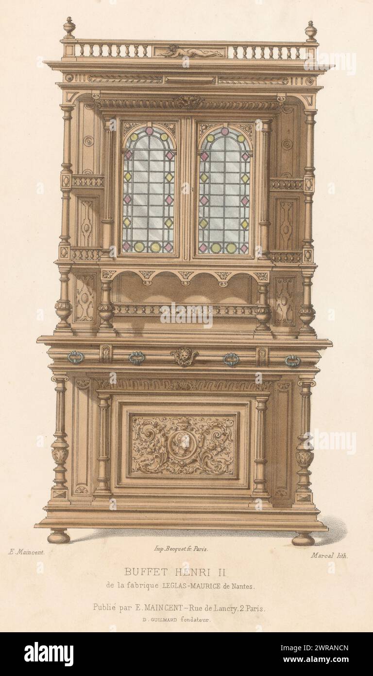 Sideboard, buffet Henri II (titolo sull'oggetto), le garde-meuble / Collection de Meubles (titolo della serie sull'oggetto), Una credenza in stile Enrico II. Print from 267th Livraison., tipografo: Marcal, tipografo: Becquet frères, editore: Eugène Maincent, Parigi, 1885 - 1895, carta, altezza 358 mm x larghezza 276 mm, stampa Foto Stock