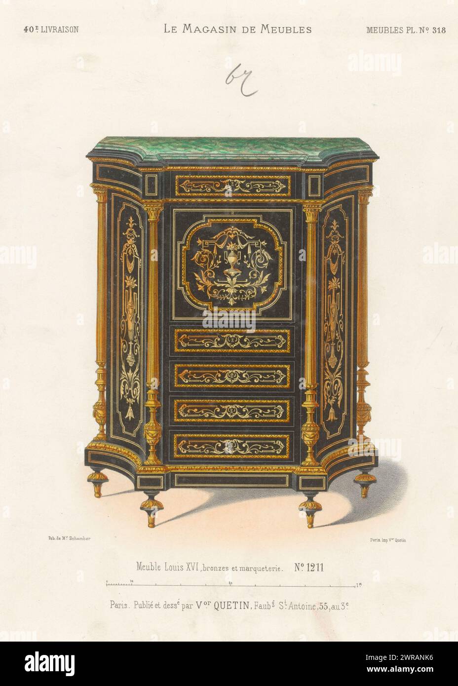 Armadietto, mobili Luigi XVI, bronzi e marcherie (titolo sull'oggetto), le Magasin de Meubles / Meubles (titolo della serie sull'oggetto), Un armadietto basso con cassetti in stile Luigi XVI. Print from 40th Livraison., stampatore: Anonimo, su disegno di: Victor Joseph Quétin, stampatore: Victor Joseph Quétin, Parigi, 1832 - 1877, carta, altezza 362 mm x larghezza 273 mm, stampa Foto Stock