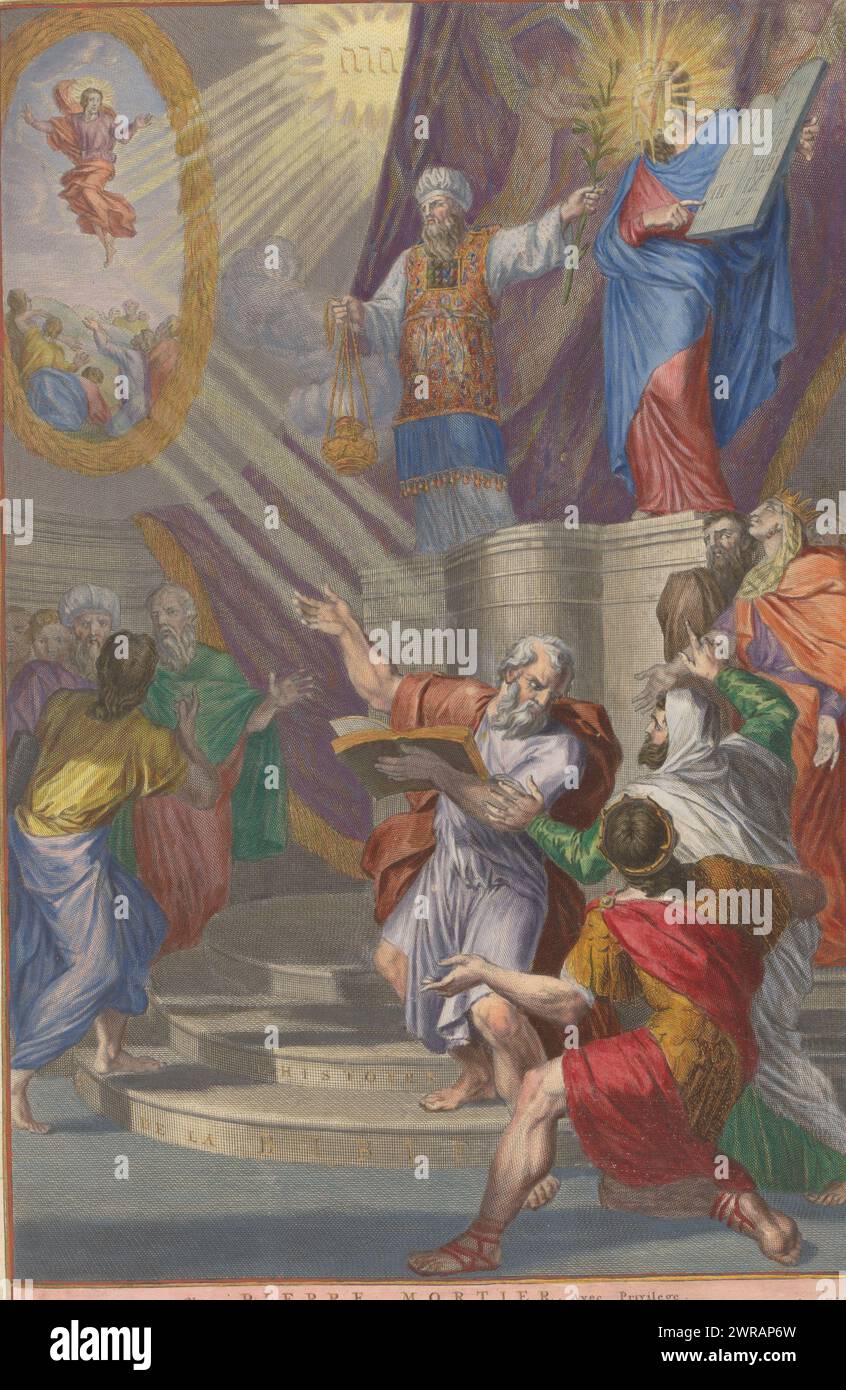 Foglio del titolo dell'Antico Testamento, titolo stampato con Aronne e il velato Mosè che presenta agli Israeliti le tavole della legge, LHistoire de la Bible (titolo sull'oggetto), su un piedistallo il sommo sacerdote Aronne e il velato Mosè. Intorno a loro il popolo ebraico. Mosè mostra agli Israeliti le tavole della legge. Sullo sfondo il tetragramma e una rappresentazione dell'ascensione di Cristo. Stampa del titolo per la prima parte del quadro Bible with the Old Testament, pubblicato da Pieter Mortier, Amsterdam 1700., stampatore: Gilliam van der Gouwen, su disegno di: Ottmar Elliger (i) Foto Stock