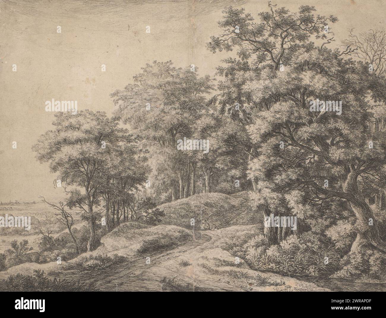 Paesaggio con due escursionisti, stampatore: Anonimo, Francia, 1680 - 1710, carta, incisione, incisione, altezza 219 mm x larghezza 288 mm, stampa Foto Stock