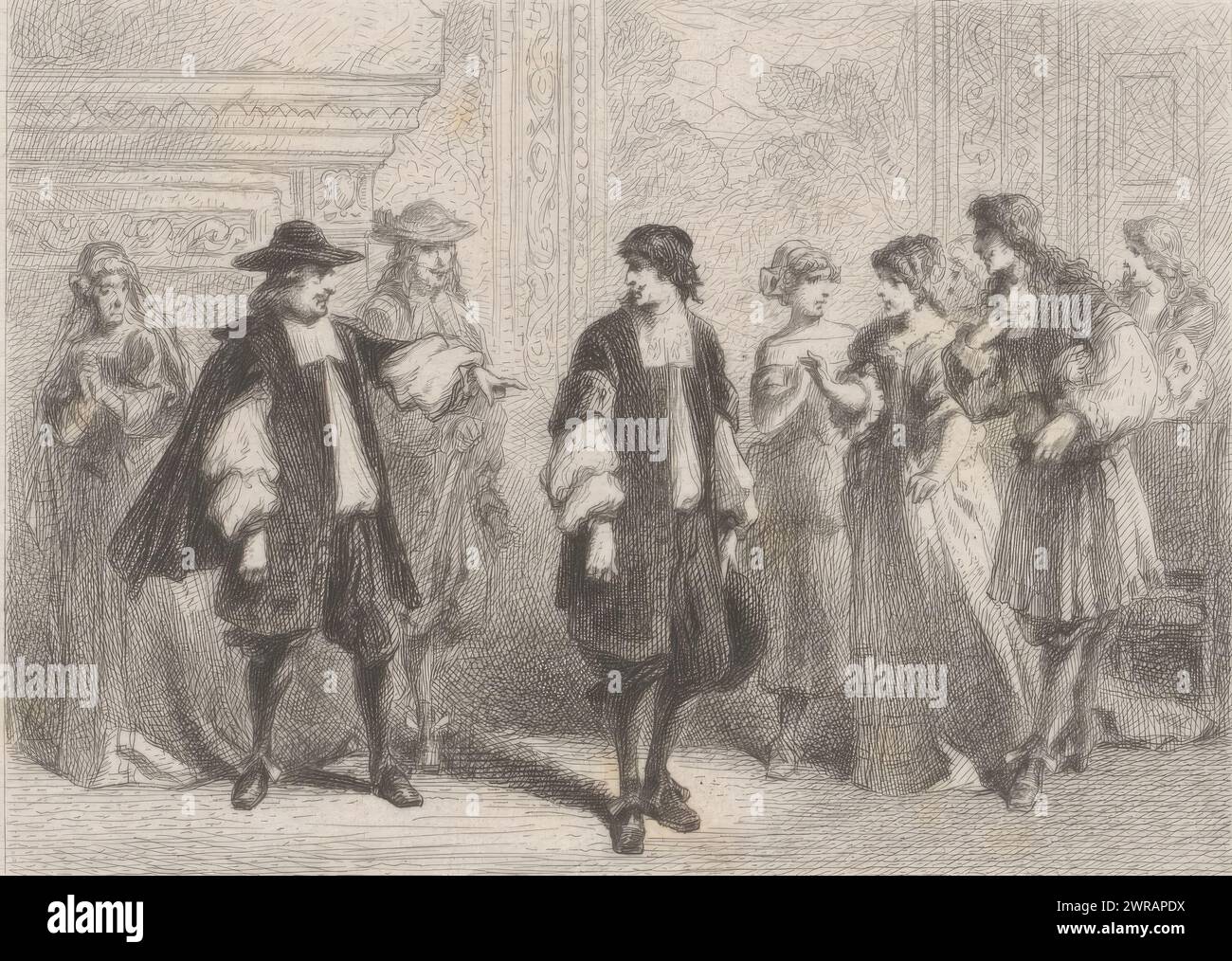 Monsieur Loyal ordina a Orgon di lasciare la casa, commedie di Molière (titolo della serie), Molière Théatre Choisi (titolo della serie), atto V, scena IV da "le Tartuffe" di Molière. Poiché la casa ora appartiene a Tartuffe secondo i giornali, Orgon viene sfrattato., stampatore: Jean-Antoine-Valentin Foulquier, stampatore: Emile Berthiault, editore: Alfred Mame et Fils, Tours, 1878 - 1879, carta, incisione, punto a secco, altezza 104 mm x larghezza 129 mm, stampa Foto Stock