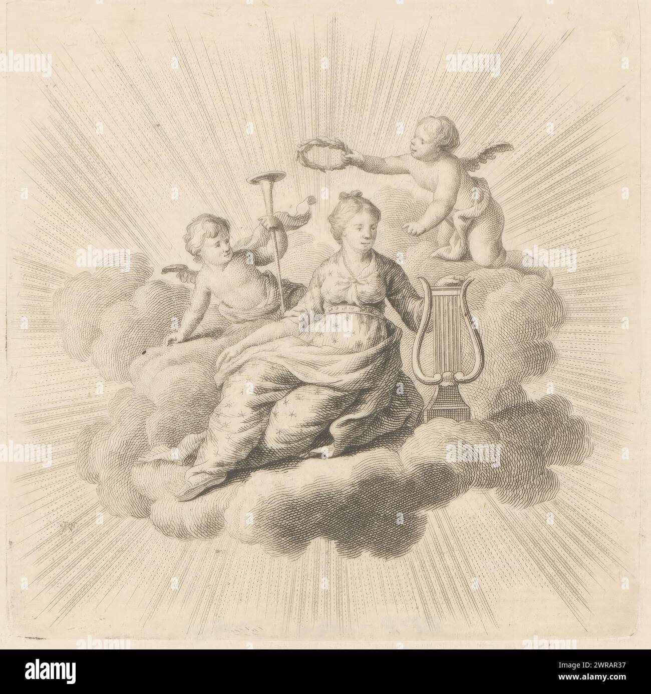 Vignetta con donna con lira e due putti su una nuvola, il putto a sinistra regge una tromba di lode, mentre l'altro putto incorona la donna con una corona d'alloro., stamperia: Anonimo, Paesi Bassi, 1778, carta, incisione, altezza 98 mm x larghezza 96 mm, stampa Foto Stock