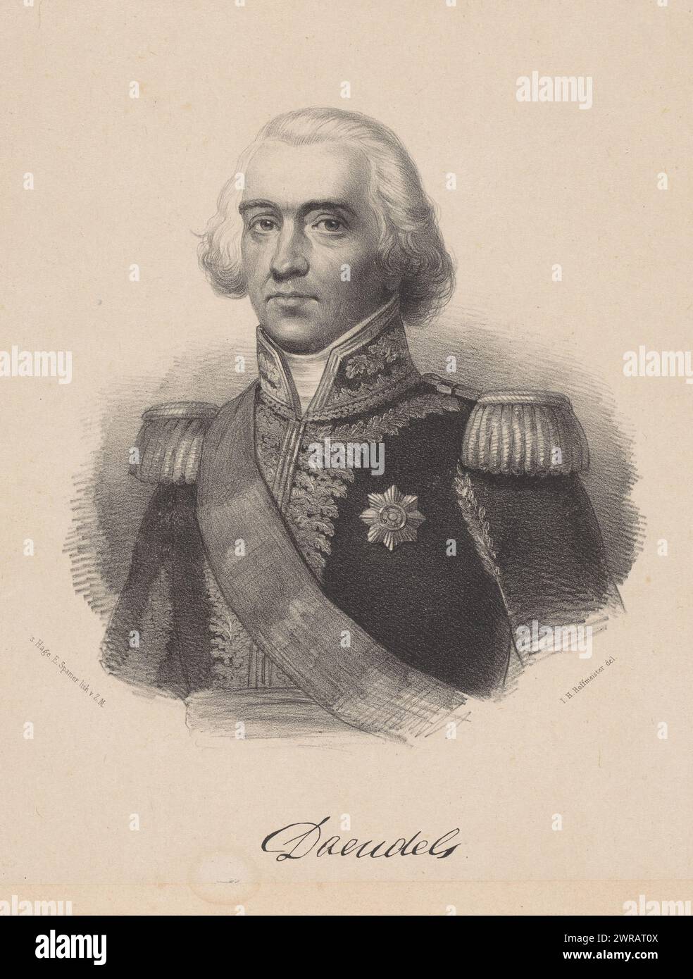 Ritratto di Herman Willem Daendels, Daendels (titolo sull'oggetto), tipografo: Johan Hendrik Hoffmeister, tipografo: Elias Spanier, l'Aia, 1851 - 1863, carta, altezza 359 mm x larghezza 300 mm, stampa Foto Stock