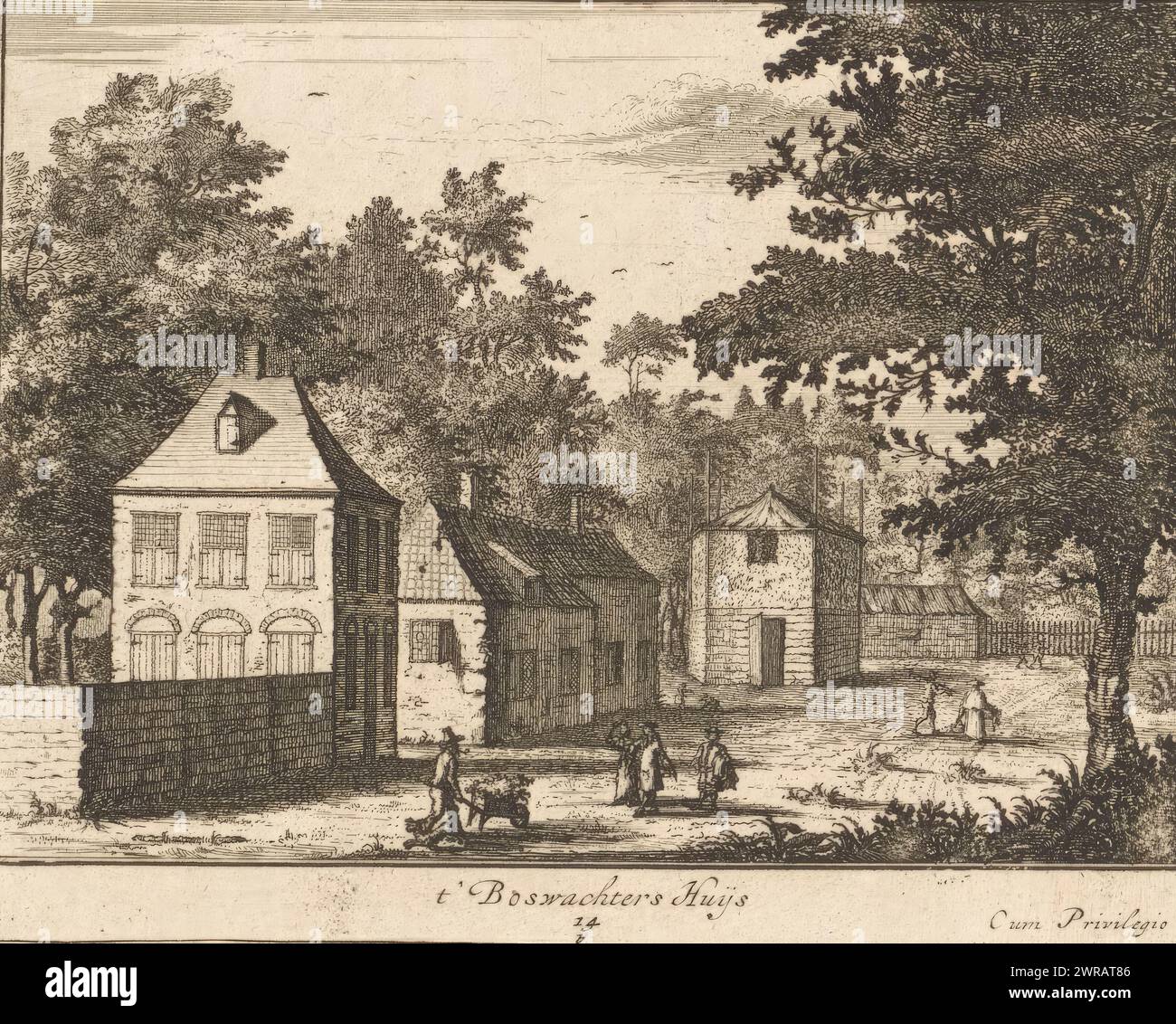Casa del ranger forestale al Palazzo Honselaarsdijk, t' Boswachters huijs (titolo sull'oggetto), sedici stampe del Palazzo Honselaarsdijk (Bloteling / Valck / Greve) (titolo della serie), veduta della casa del ranger al Palazzo Honselaarsdijk. A destra c'è una strada con escursionisti nella foresta. Numerato in basso al centro: 14b. Stampa da una serie di sedici stampe di Palazzo Honselaarsdijk., stampatore: Abraham Bloteling, editore: Gerard Valck, editore: Isaac Greve, Amsterdam, c. 1684 e/o 1695 - 1757, carta, incisione, altezza 132 mm x larghezza 163 mm Foto Stock