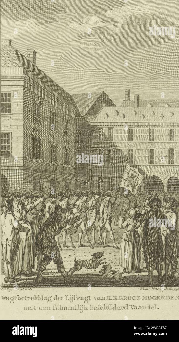 Innalzamento della guardia sul Binnenhof con uno striscione vergognoso, 1787, Guardia della guardia del corpo di H. E. grandi poteri con uno striscione vergognosamente dipinto (titolo su oggetto), al Binnenhof a l'Aia la guardia si alza con uno striscione vergognoso sul quale è stata posta una forca intorno al Leone olandese, 18 febbraio 1787., stampatore: Reinier Vinkeles (i), dopo aver disegnato da: Jacobus Buys, stampatore: Amsterdam, dopo aver disegnato da: Paesi Bassi del Nord, 1796, carta, incisione, incisione, altezza 189 mm x larghezza 111 mm, stampa Foto Stock