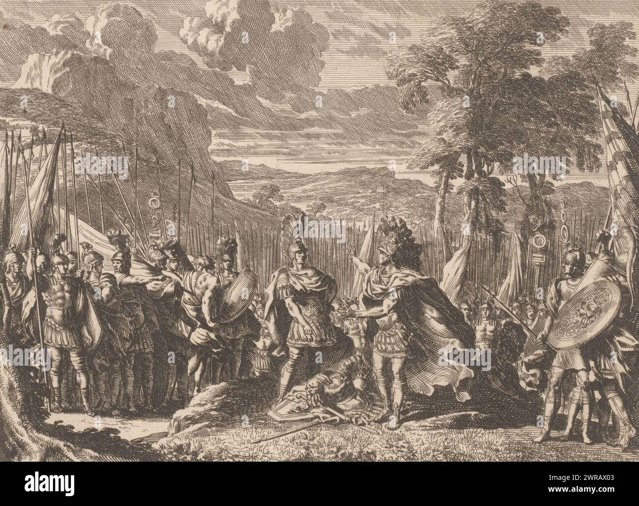 AJAX e Odisseo litigano sulle armi di Achille, scene mitologiche (titolo della serie), stampatore: Jean Lepautre, editore: Pierre Mariette (i), editore: Pierre Mariette (II), 1628 - 1682, carta, incisione, altezza 164 mm x larghezza 212 mm, stampa Foto Stock