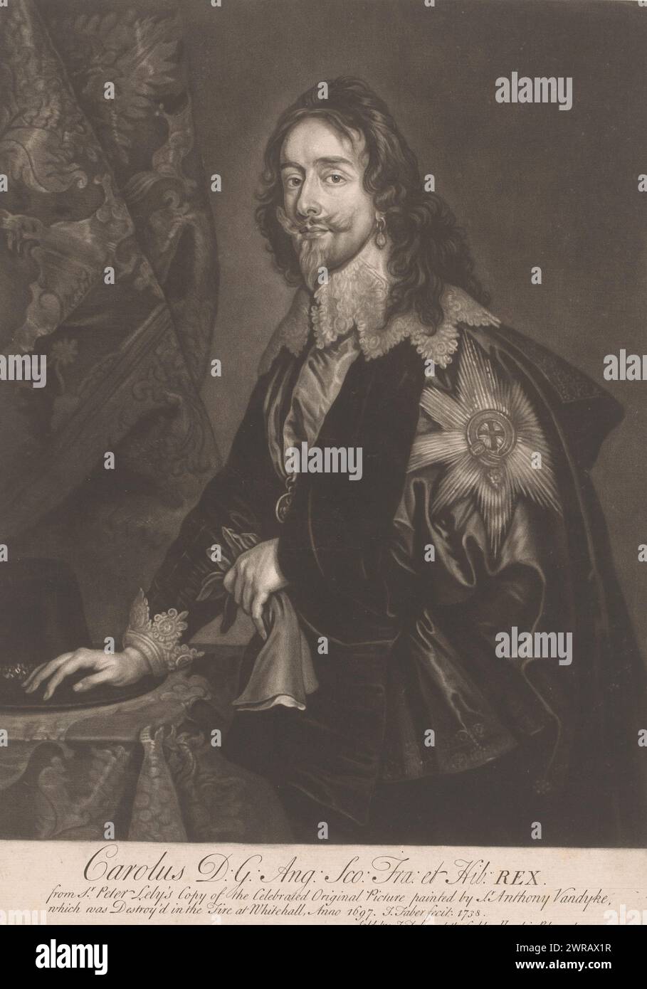 Ritratto di Carlo i, Re d'Inghilterra, testo in inglese a margine inferiore., stampatore: John Faber (II), dopo la pittura di: Peter Lely (Sir), dopo aver dipinto di: Anthony van Dyck, 1738, carta, incisione, altezza 350 mm x larghezza 249 mm, stampa Foto Stock