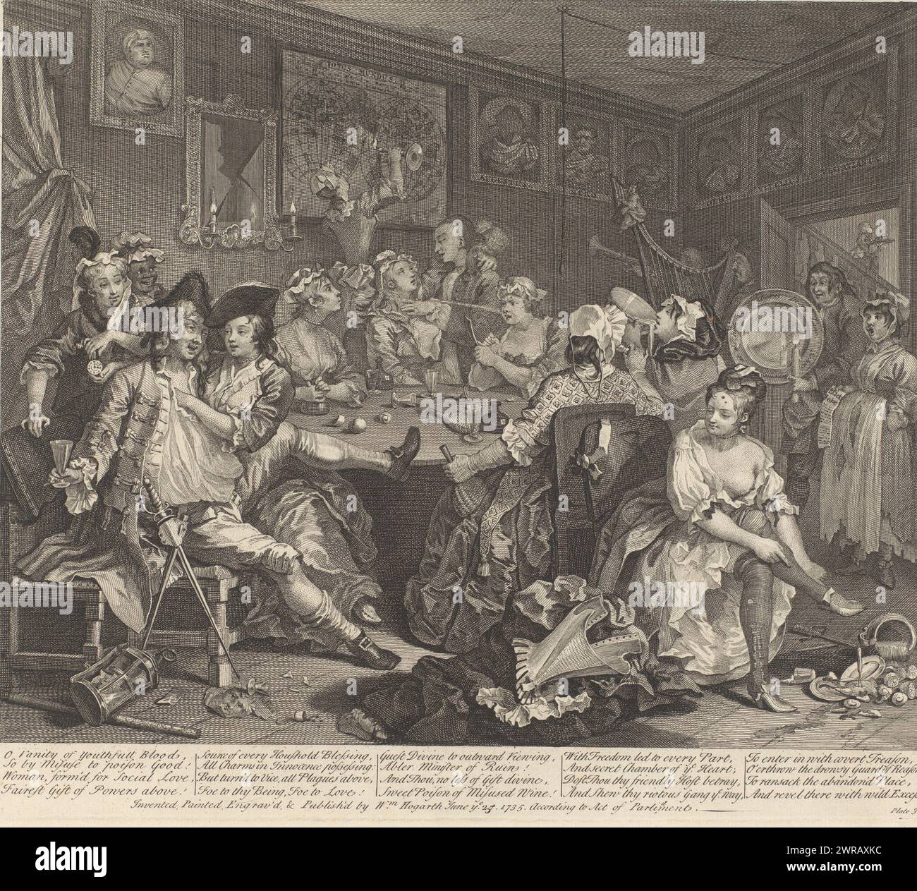 Tom Rakewell ubriaco in un bordello, Progress of a libertine (titolo della serie), The Rake's Progress (titolo della serie), testo in inglese a margine inferiore. Questa scena si svolge nel bordello Rose Tavern a Covent Garden. Le macchie scure sui volti delle donne suggeriscono che soffrivano di sifilide, poiché era comune al tempo usare il trucco per coprire le piaghe. L'orologio di Tom è rubato da due donne. I ritratti danneggiati degli imperatori romani sono appesi al muro., stampatore: William Hogarth, dopo aver dipinto: William Hogarth, su disegno personale di : William Hogarth, Londra, 1707 - 1764 e/o 1735 Foto Stock