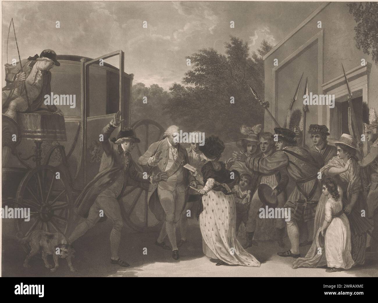 Tentativo di assassinare il re, il tentativo di assassinare il re (titolo sull'oggetto), testo in inglese nel margine inferiore. Margaret Nicholson tentò di assassinare re Giorgio III nel 1786, con il pretesto di presentare una petizione., stampatore: Robert Pollard (i), stampatore: Francis Jukes, dopo aver dipinto: Robert Smirke, Londra, 1786, carta, incisione, incisione, altezza 445 mm x larghezza 558 mm, stampa Foto Stock